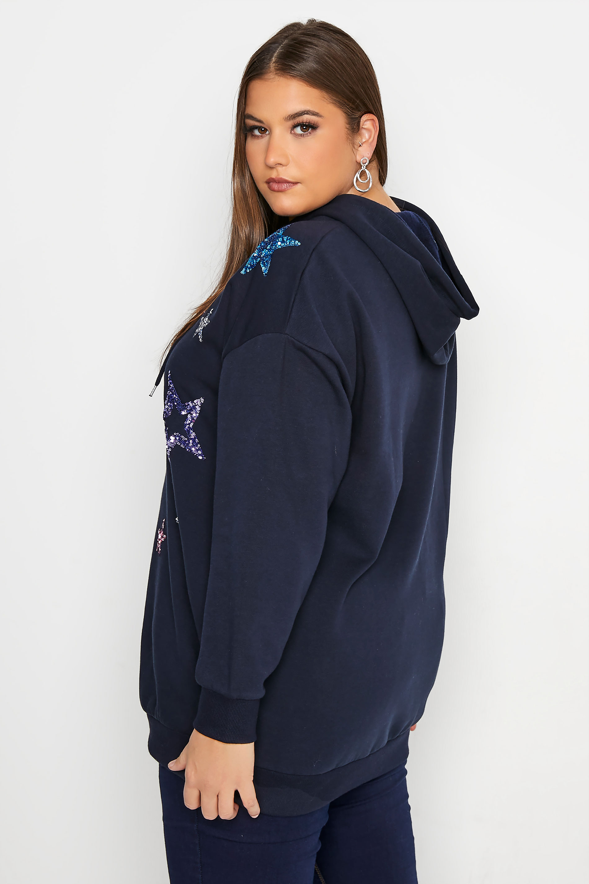 Plus Size Navy Blue Sequin Star Print Soft Touch Hoodie | Yours Clothing 3