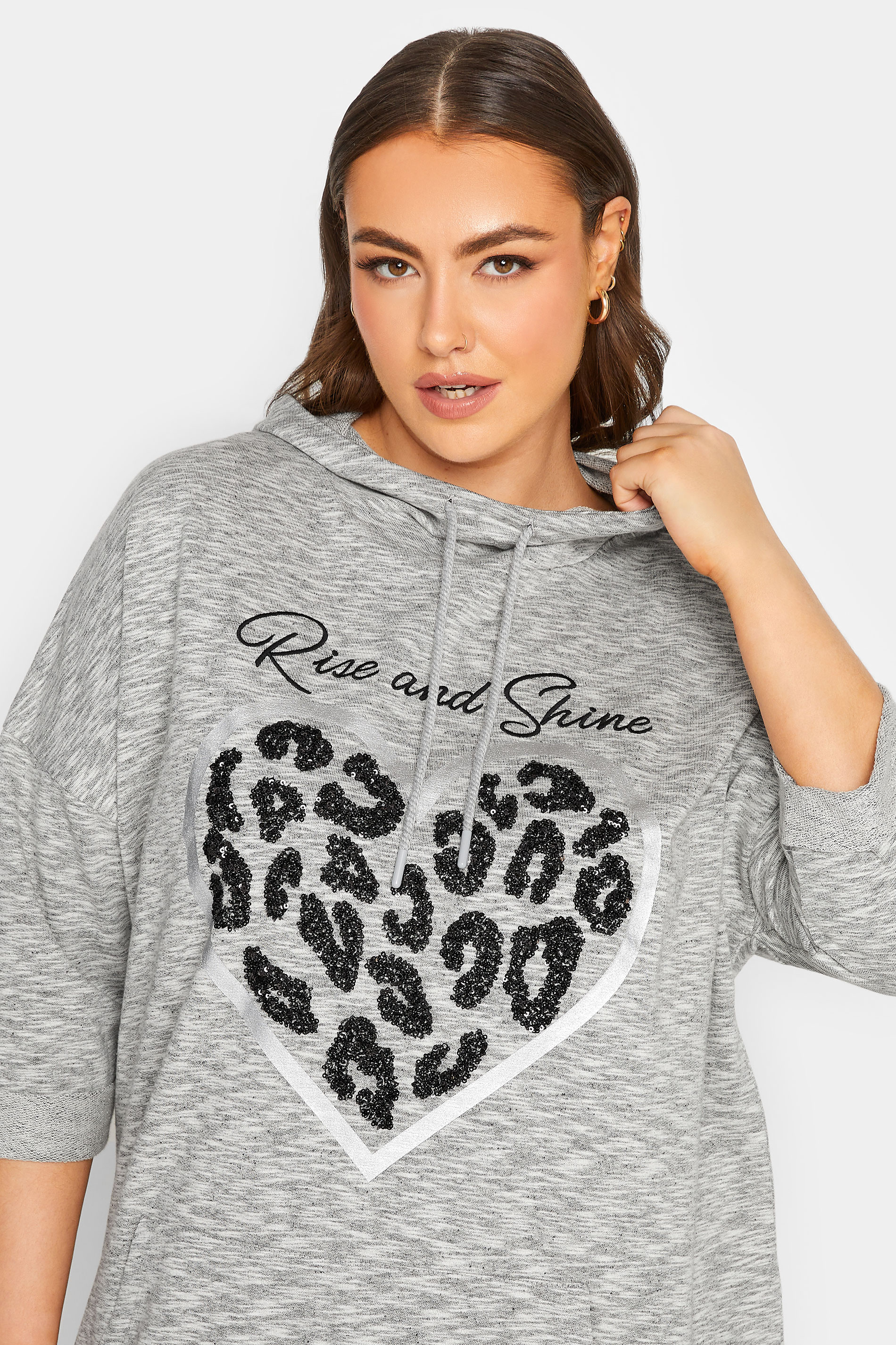 YOURS LUXURY Plus Size Curve Grey 'Rise & Shine' Slogan Heart Print Hoodie | Yours Clothing  2