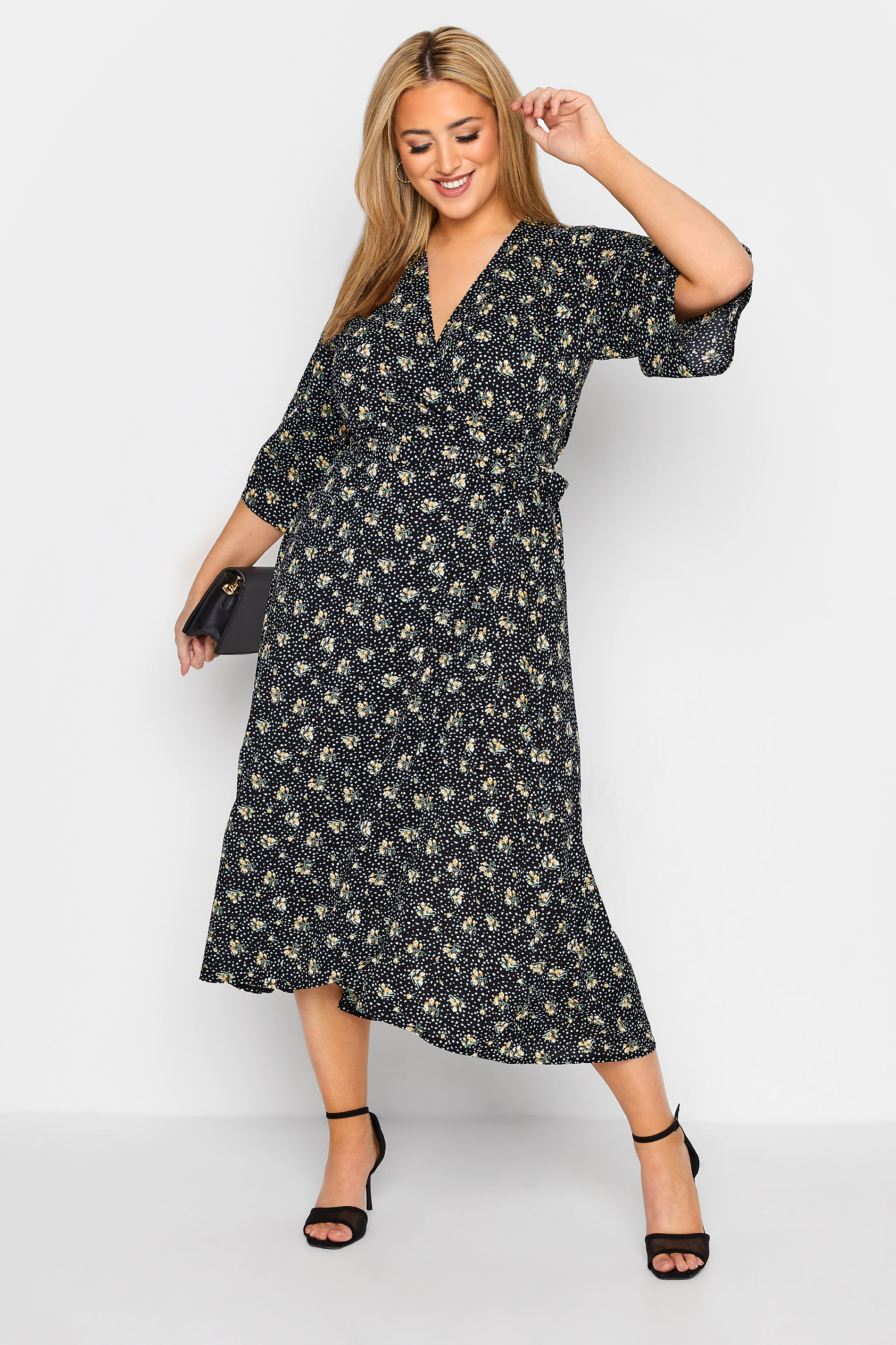 YOURS LONDON Plus Size Black Floral Midaxi Wrap Dress | Yours Clothing