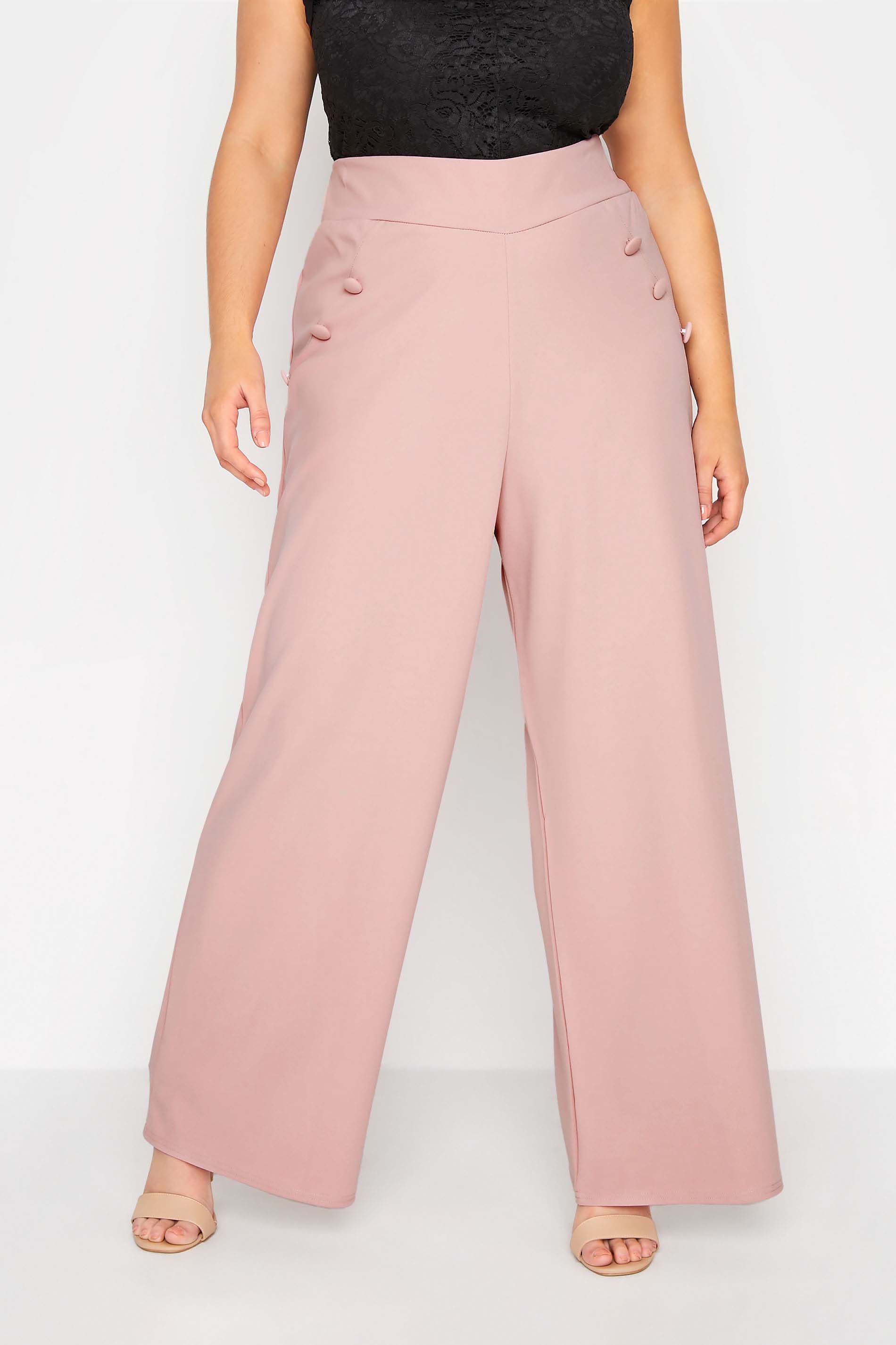 YOURS LONDON Plus Size Pink Button Scuba Crepe Wide Leg Trousers | Yours Clothing 1