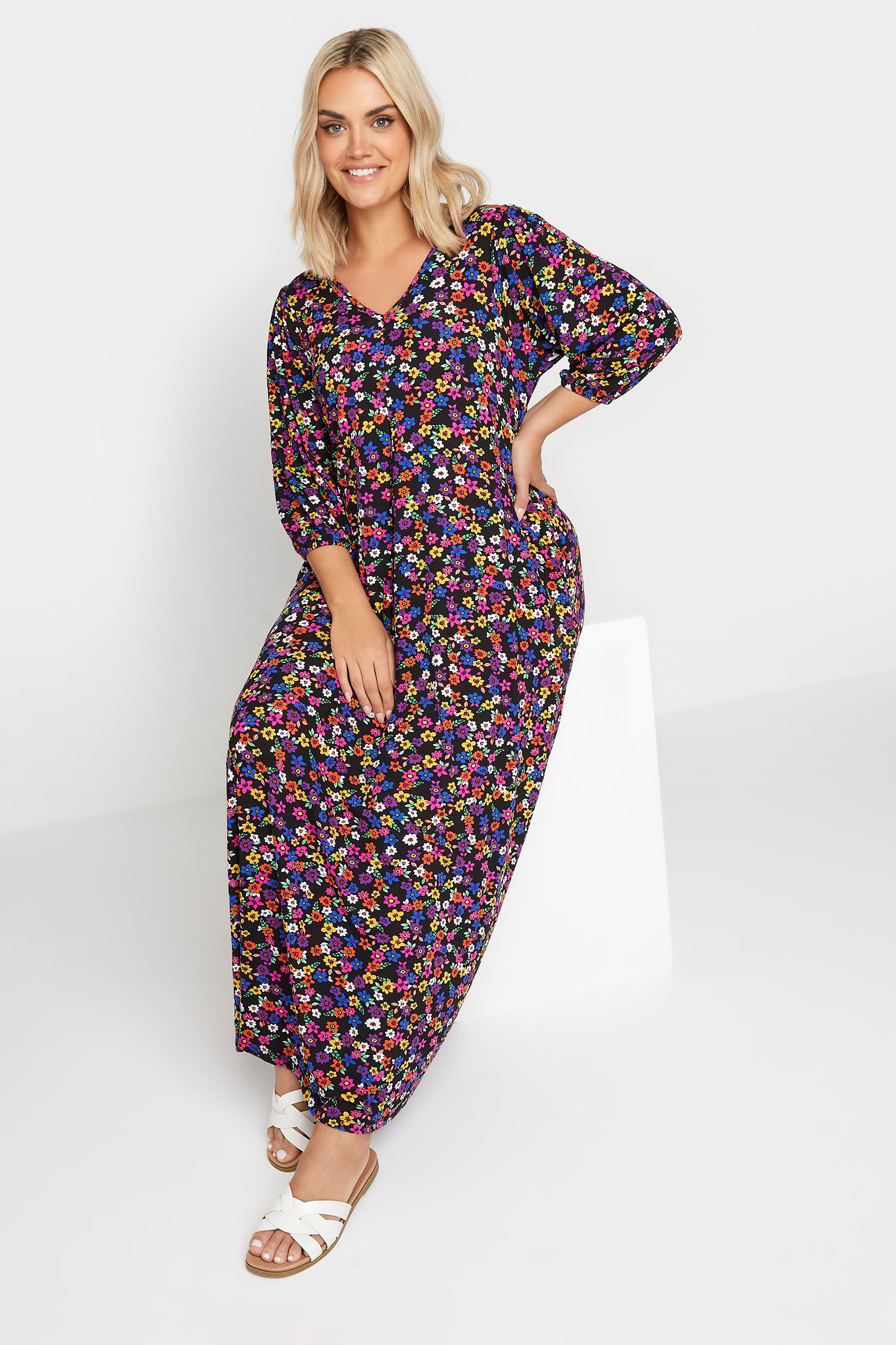 YOURS Plus Size Black Floral Print Swing Maxi Dress | Yours Clothing 1