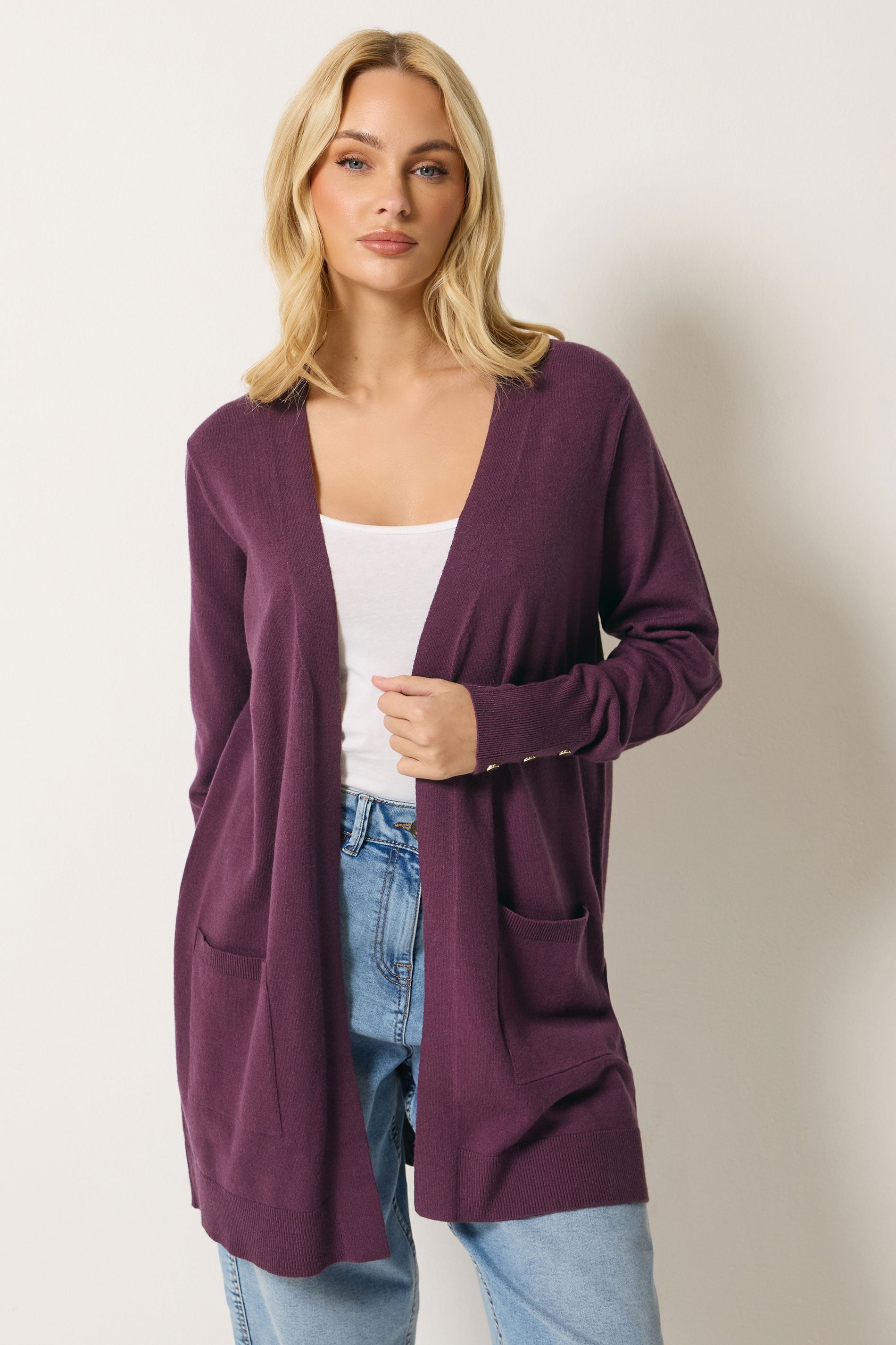 M&Co Berry Purple Button Detail Midi Cardigan | M&Co 3