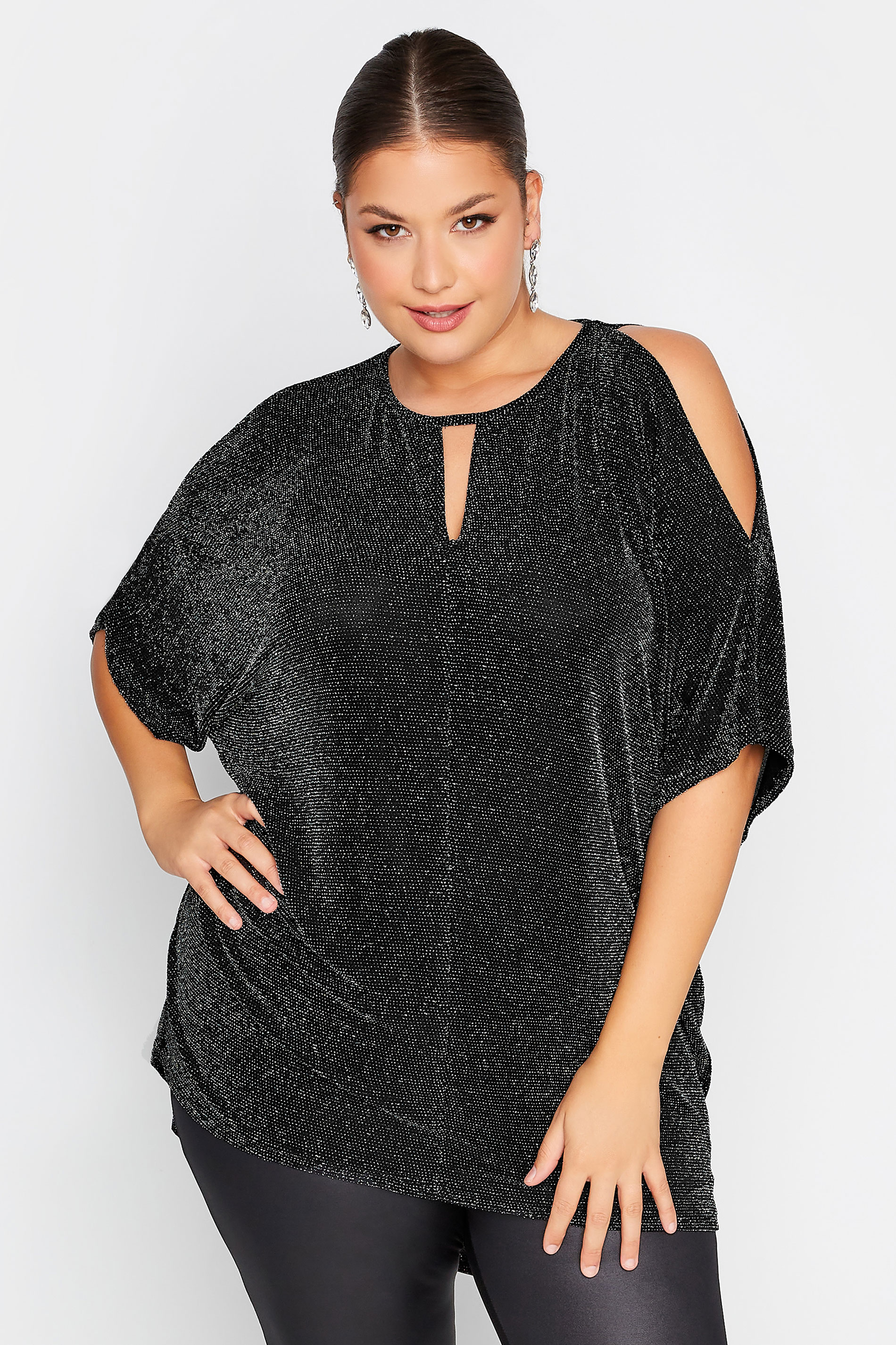 YOURS LONDON Plus Size Black Glitter Cold Shoulder Cape Top | Yours Clothing 1