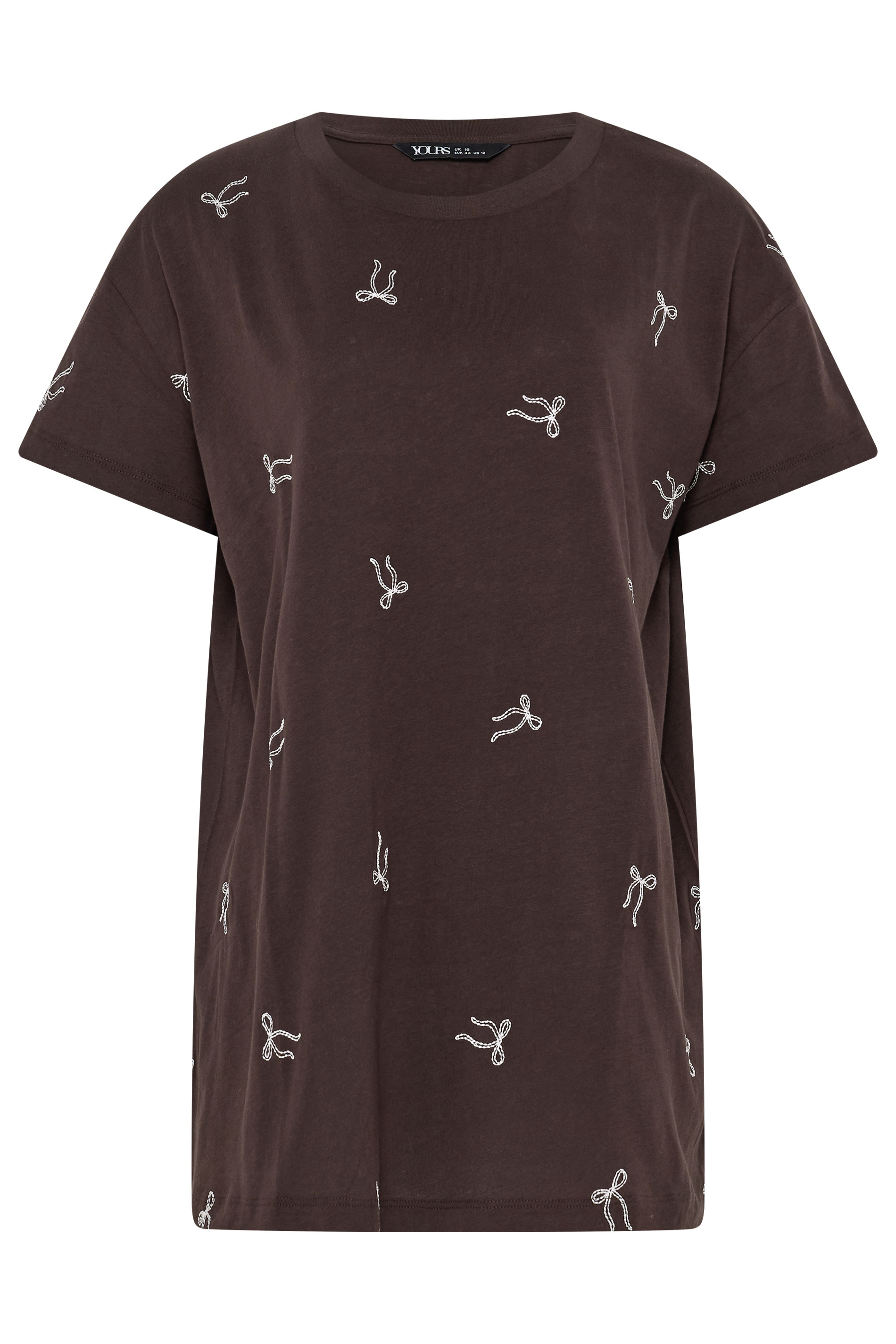 YOURS Plus Size Chocolate Brown Embroidered Bow T-Shirt | Yours Clothing 5