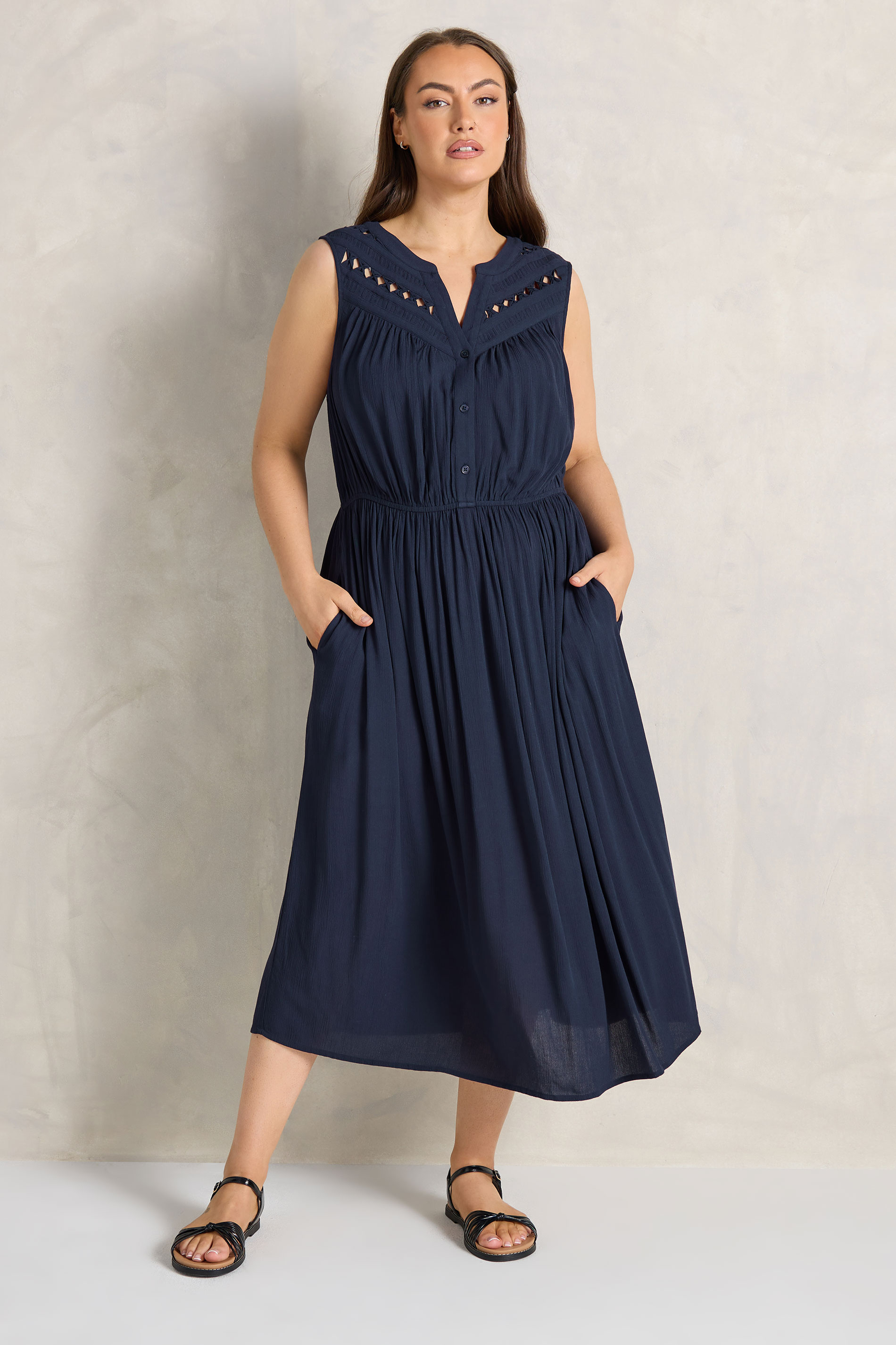 EVANS Plus Size Navy Blue Sleeveless Macrame Midi Dress | Evans 4