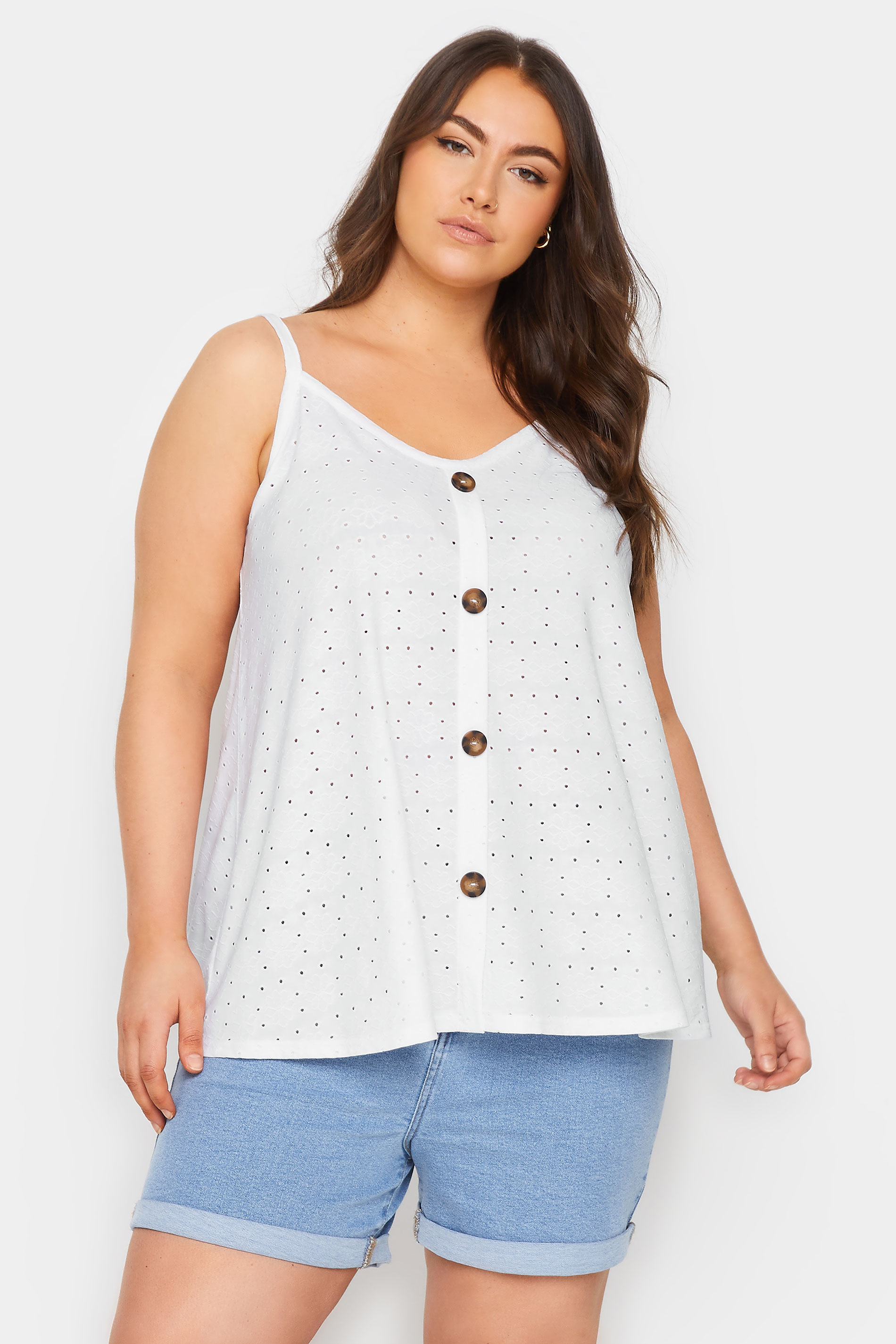 YOURS Plus Size White Broderie Anglaise Button Front Cami Top | Yours Clothing 1