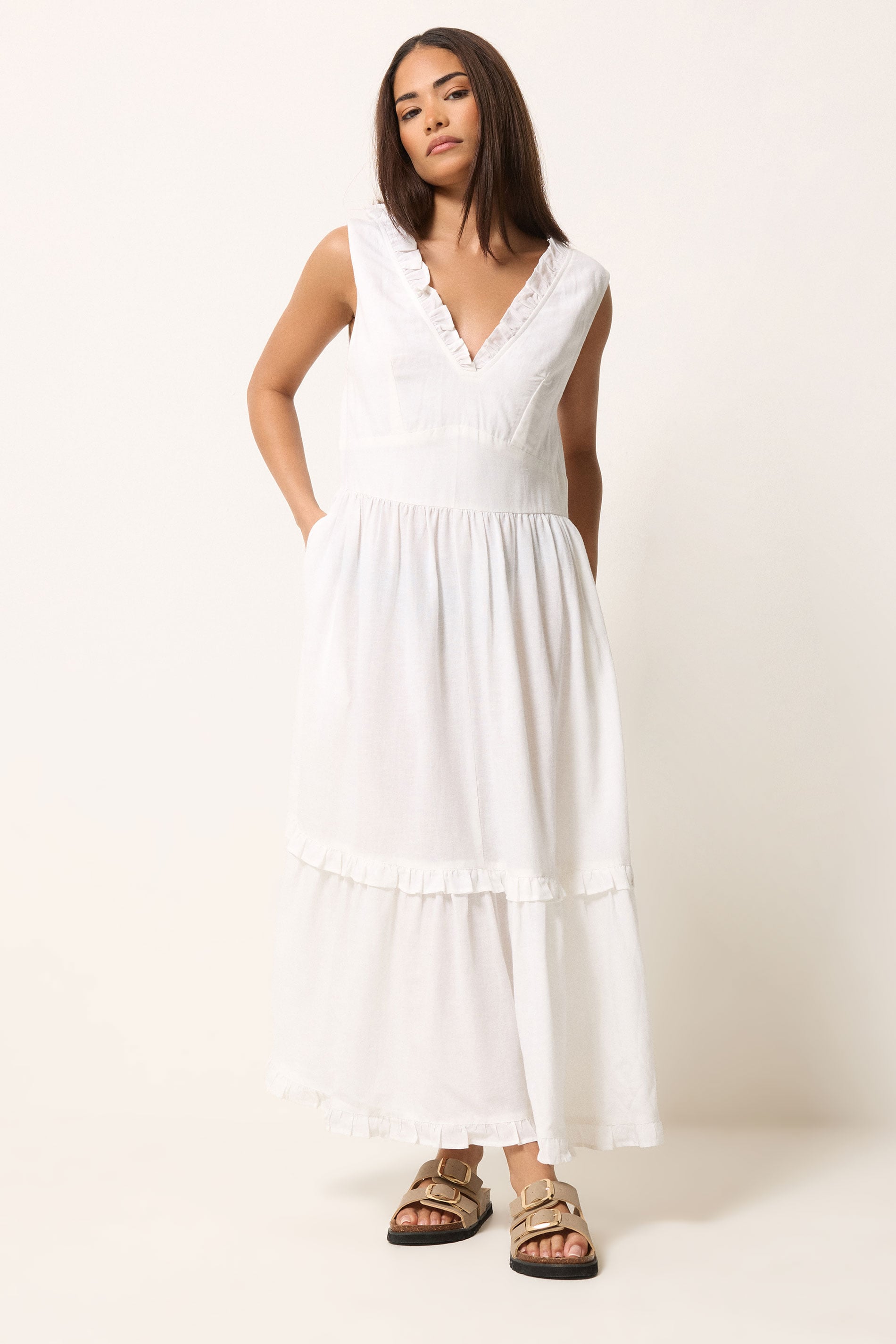 PixieGirl Petite Women's White Ruffle Tie Back Midi Dress | PixieGirl 3