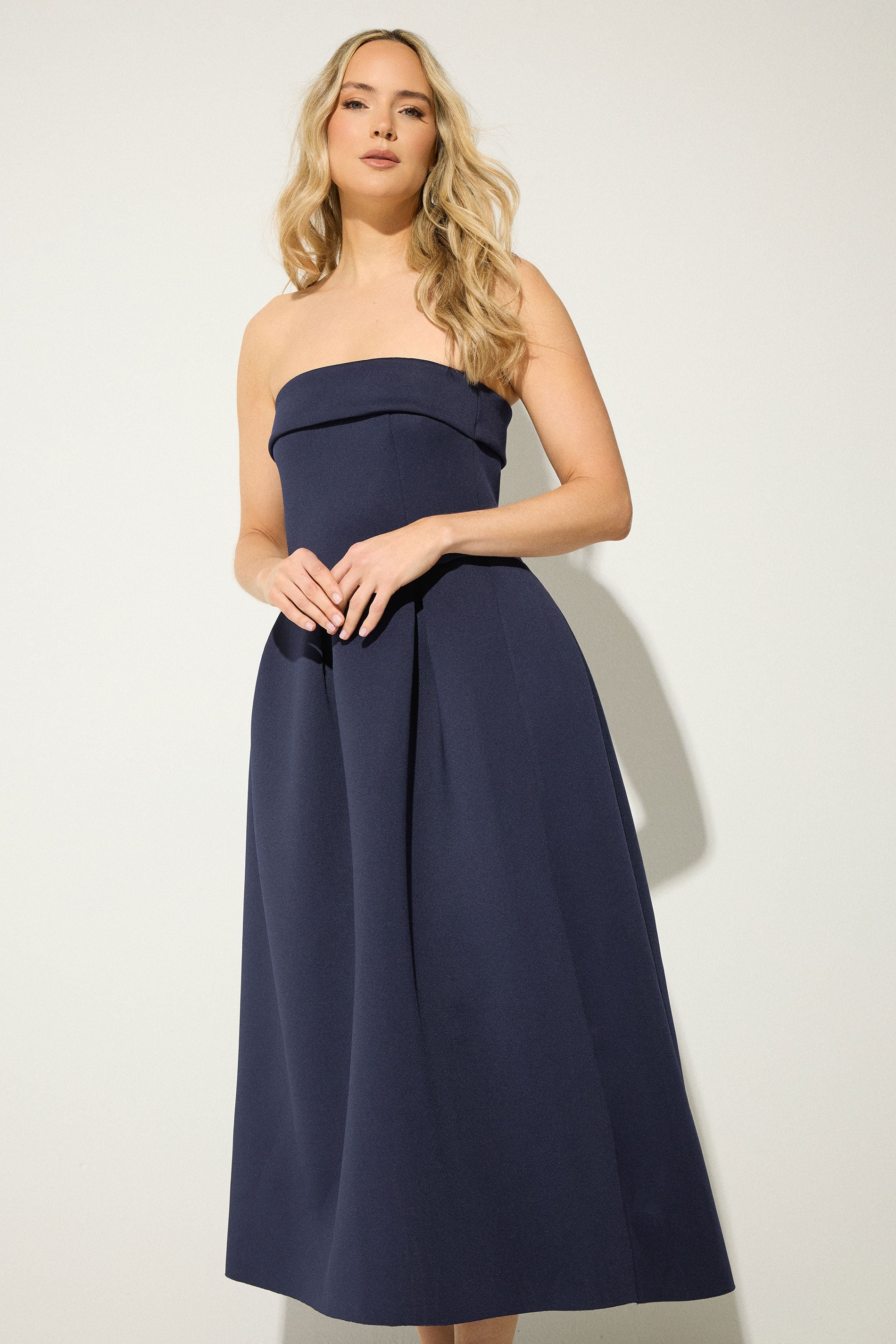 LTS Tall Women's Navy Blue Bandeau  Pleated Detail Midi Dress | Long Tall Sally 1