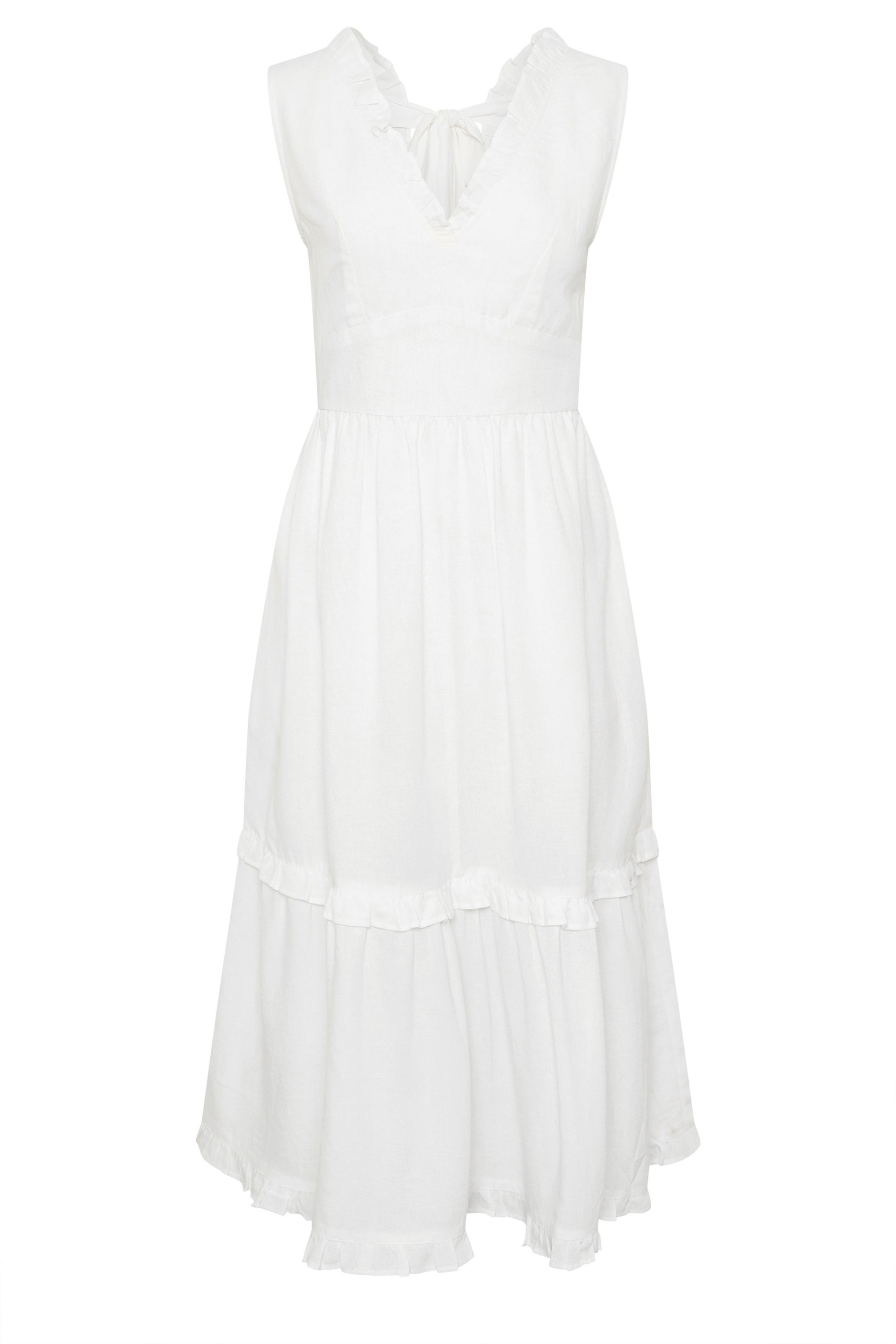PixieGirl Petite Women's White Ruffle Tie Back Midi Dress | PixieGirl 7