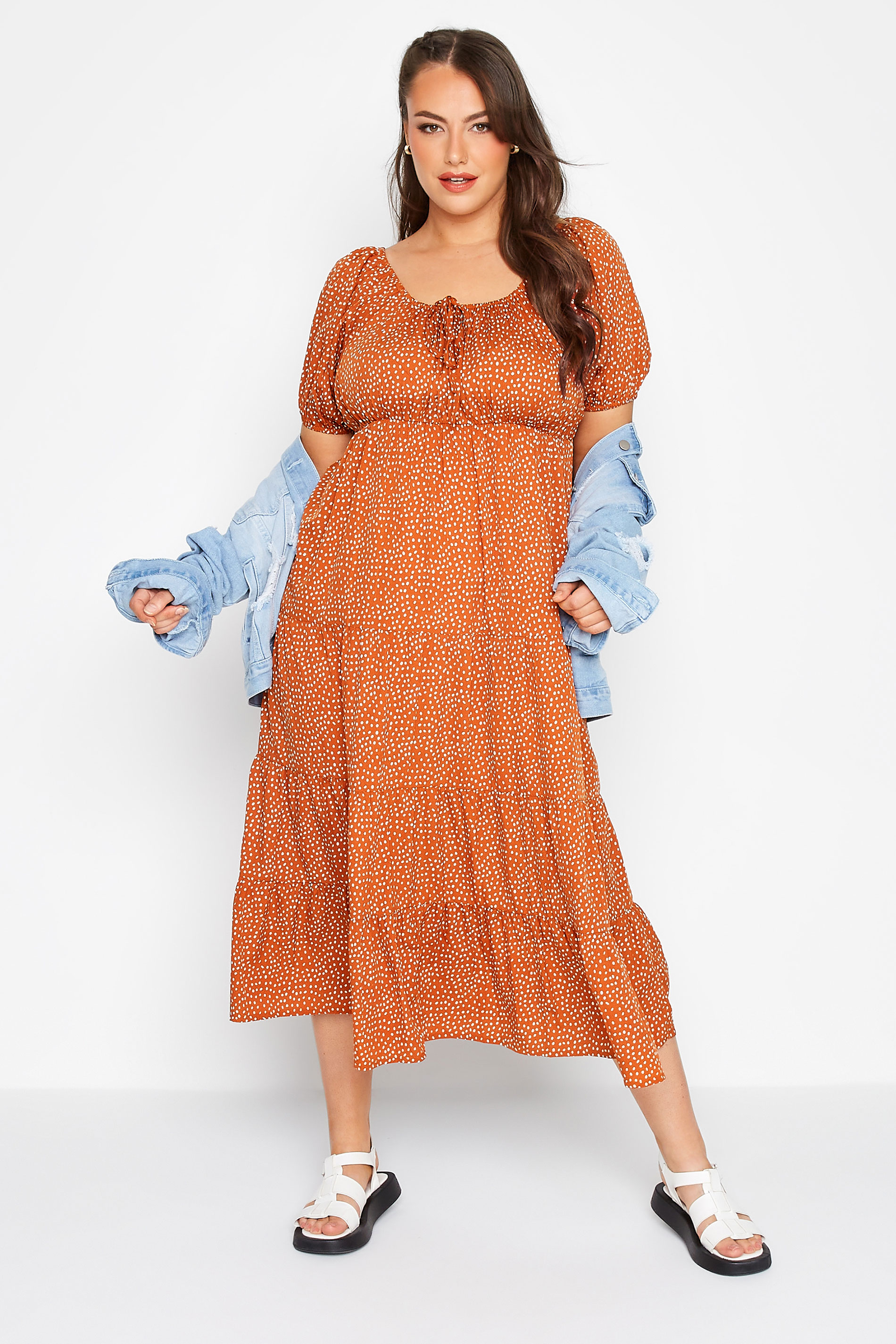 Robes Grande Taille Grande taille  Robes Casual | LIMITED COLLECTION Curve Rust Orange Spot Print Square Neck Dress - EF95802