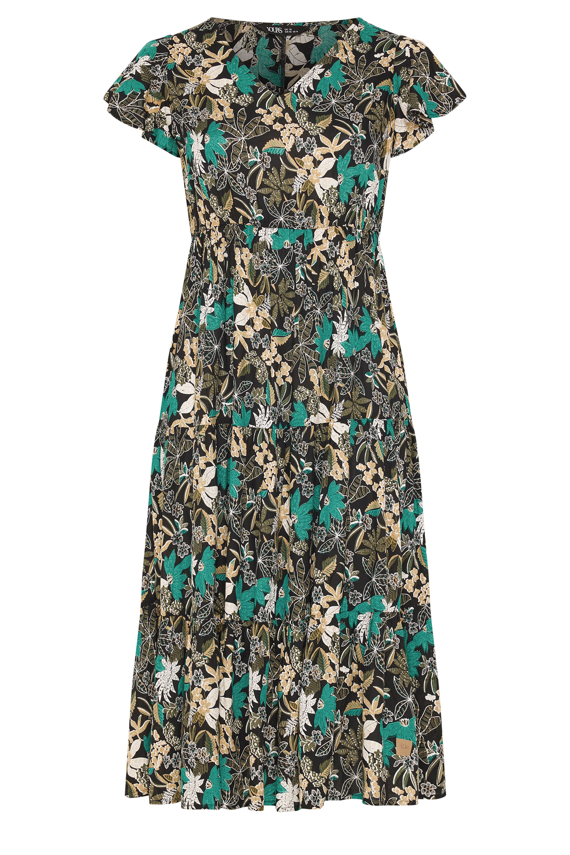 YOURS Plus Size Black & Green Floral Smock Dress | Yours Clothing 5