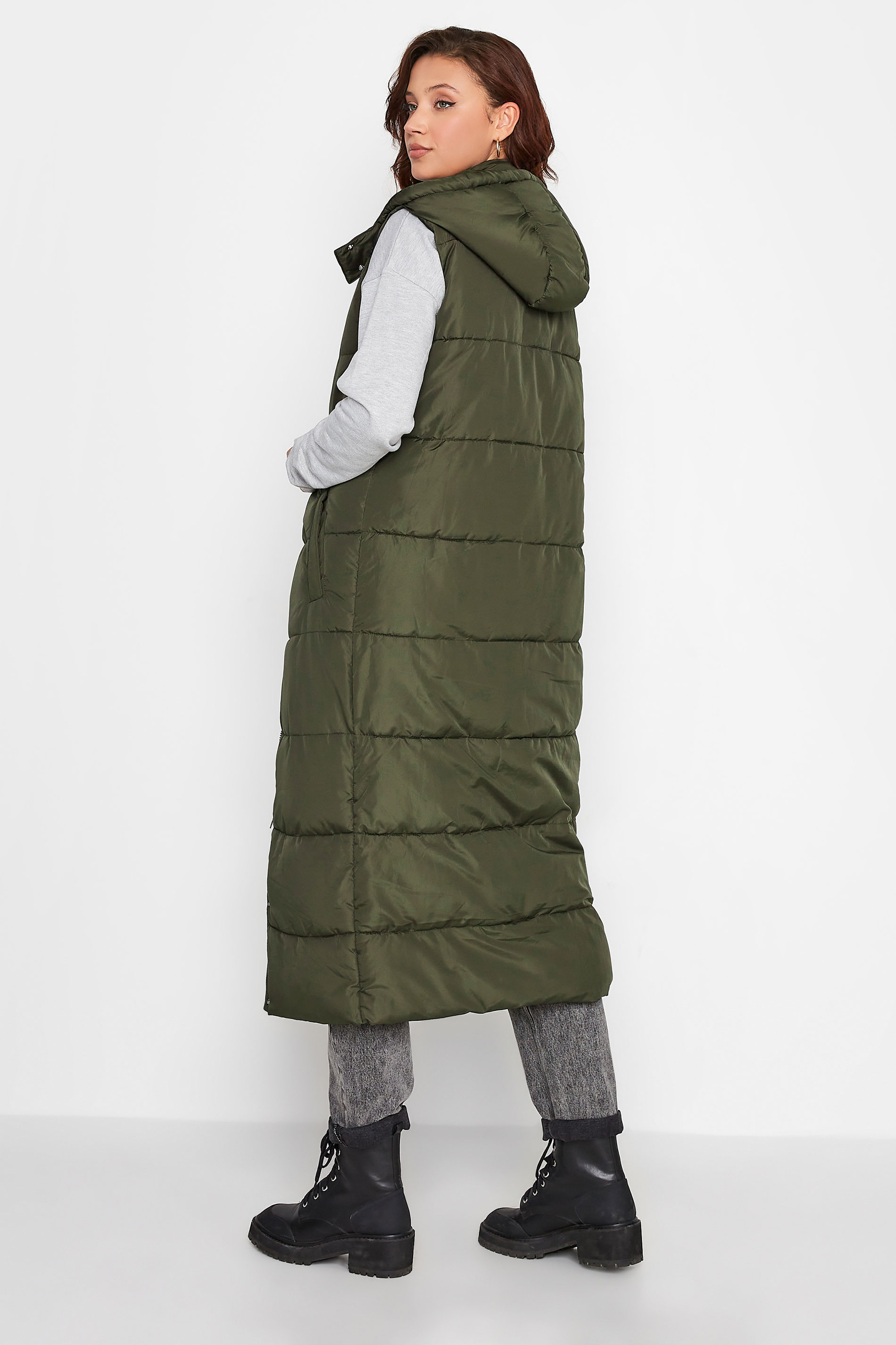 LTS Tall Women's Khaki Green Hooded Midaxi Puffer Gilet | Long Tall Sally 3