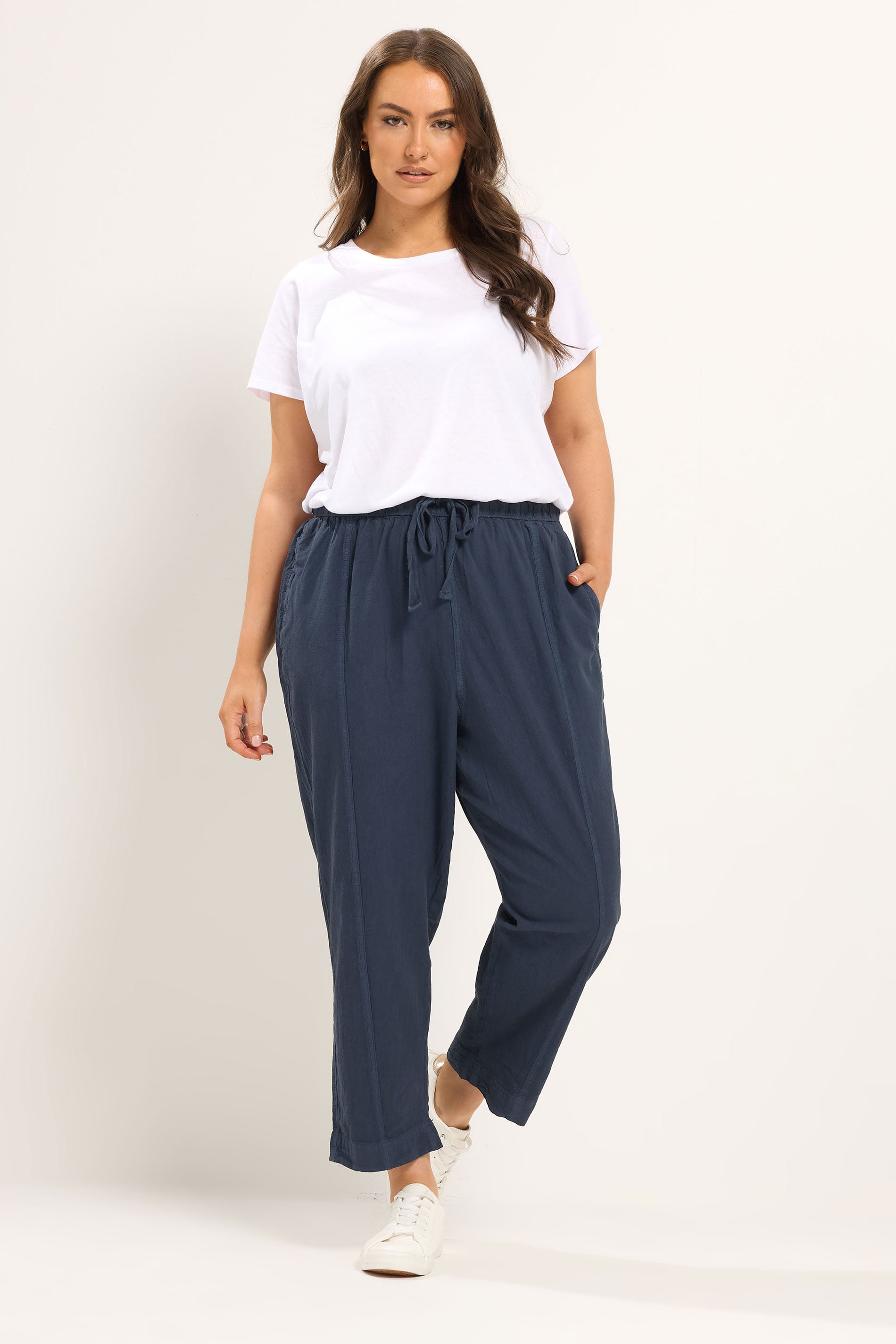 YOURS Plus Size Navy Blue Cool Cotton Barrel Trousers | yours Clothing 1