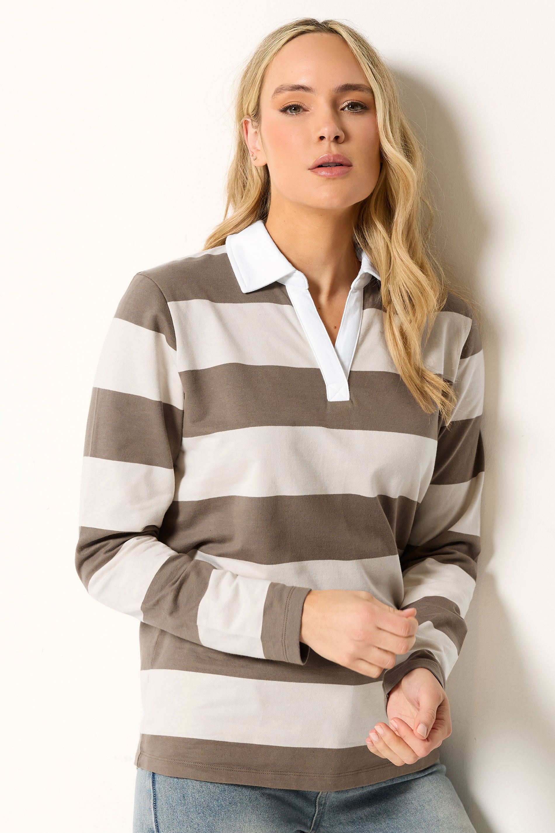 LTS Tall Women's Natural Brown Stripe Rugby Polo T-Shirt | Long Tall Sally 3