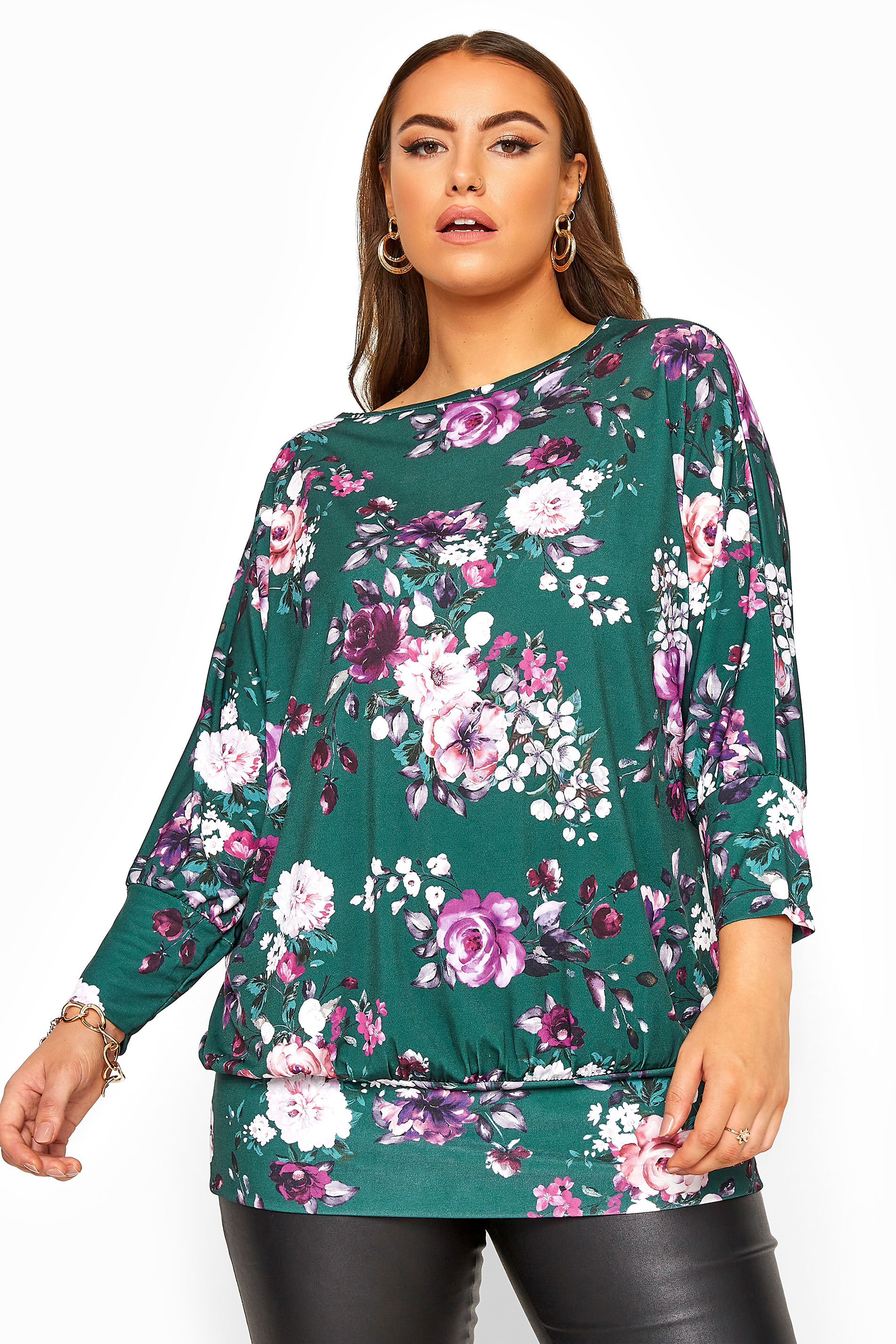 YOURS LONDON Green Floral Batwing Sleeve Top | Yours Clothing