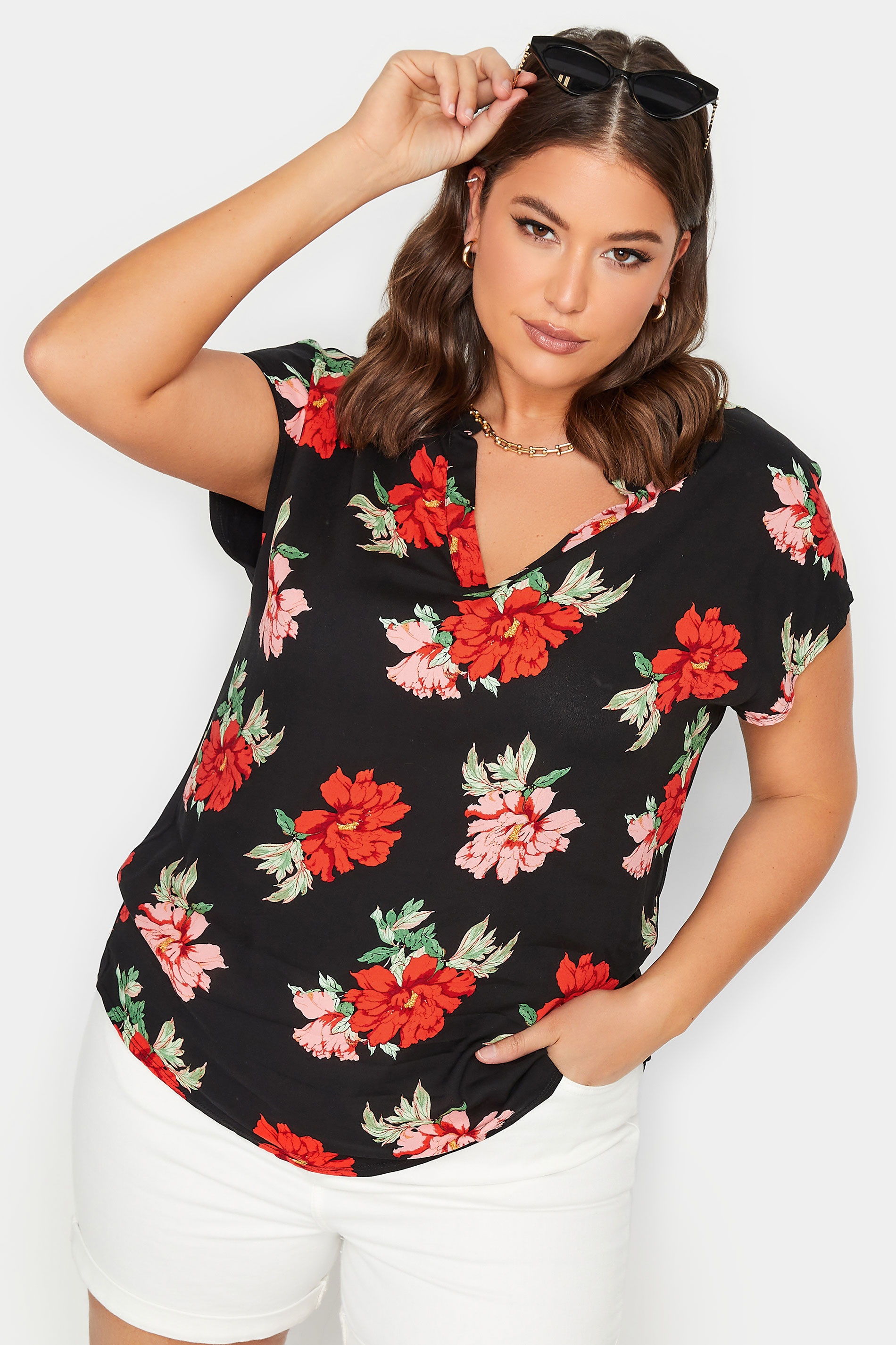 YOURS Curve Plus Size Black Rose Print Blouse | Yours Clothing  1