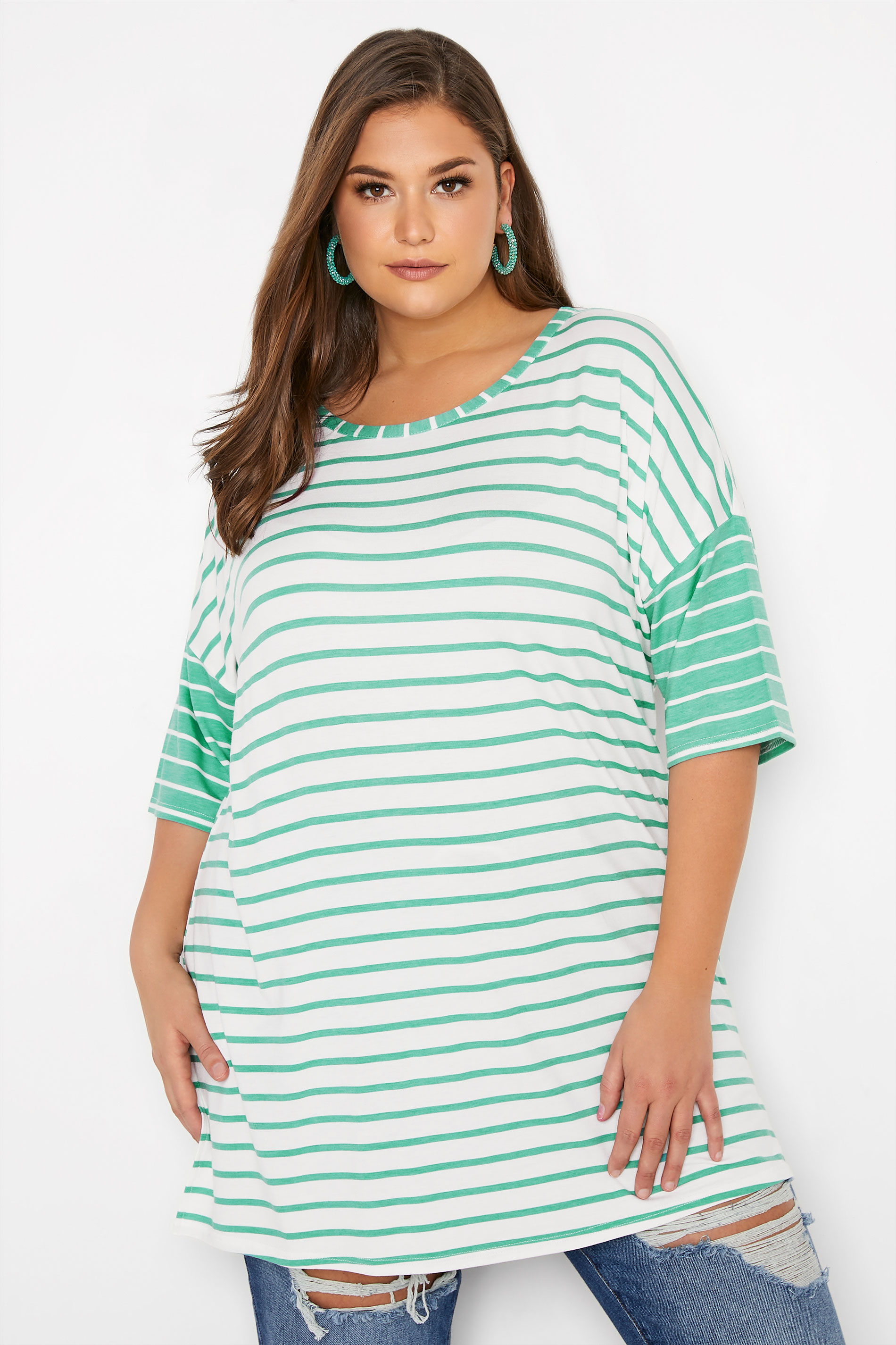 Grande taille  Tops Grande taille  Tops Casual | LIMITED COLLECTION - T-Shirt Oversize Vert & Blanc à Rayures - EG41680