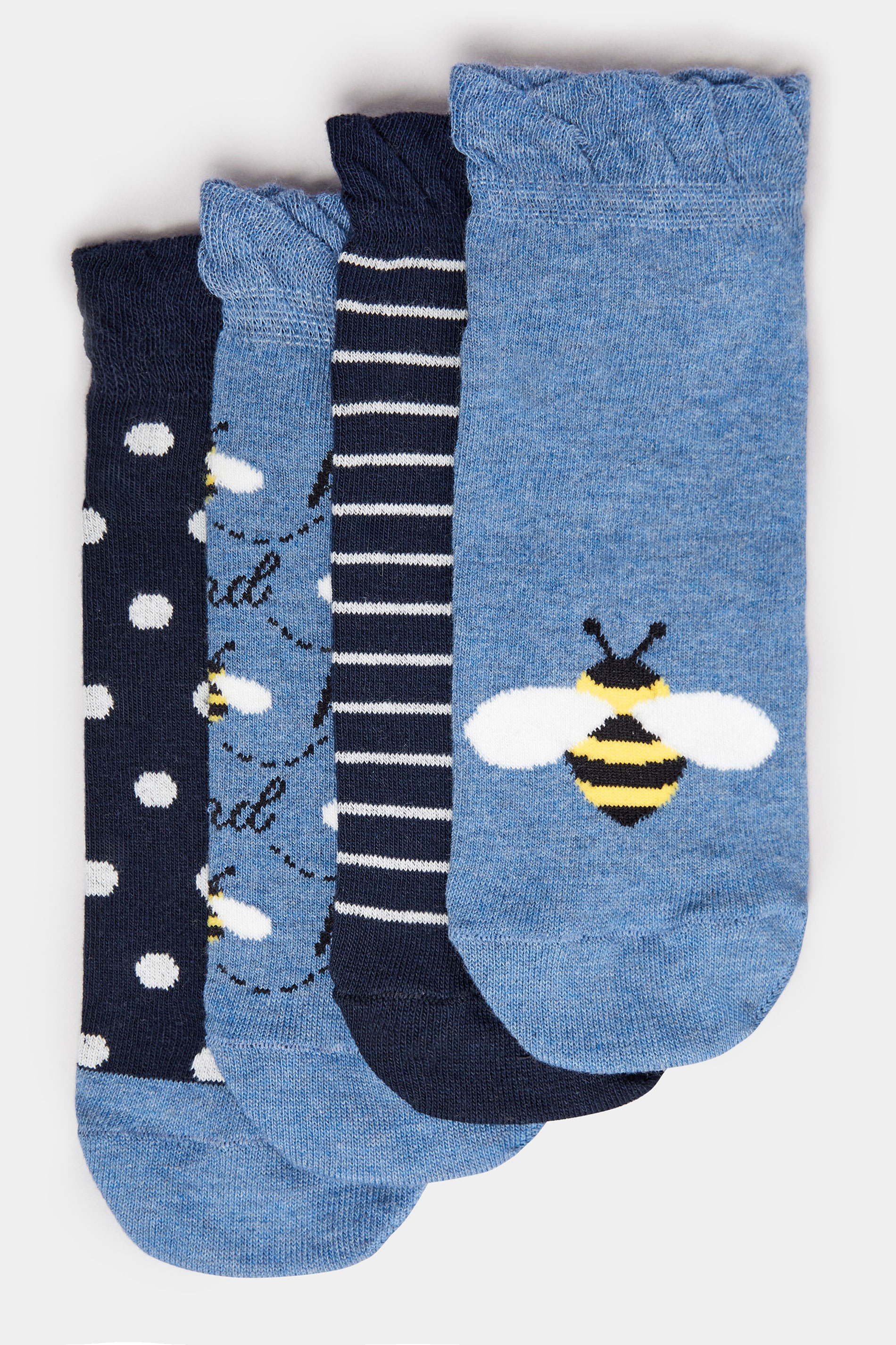 4 PACK Blue 'Bee Kind' Trainer Liner Socks | Yours Clothing 3