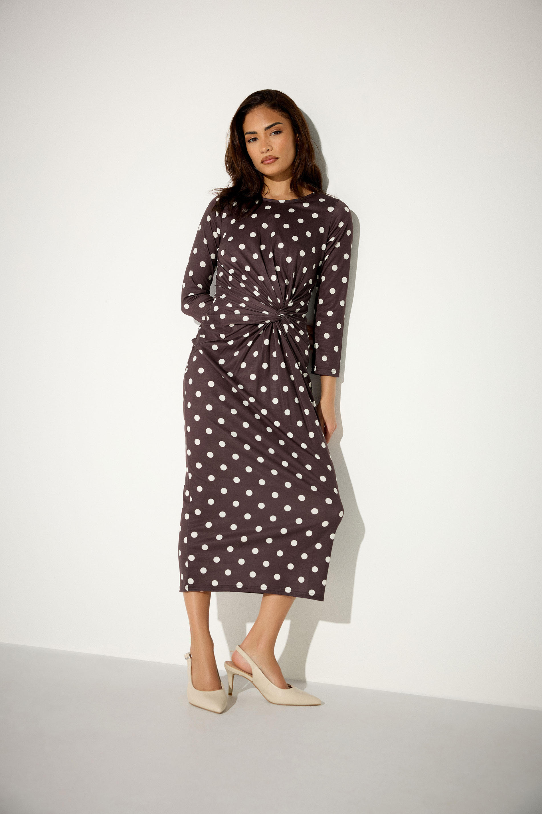 PixieGirl Petite Women's Chocolate Brown Polka Dot Twist Front Midi Dress | PixieGirl 3