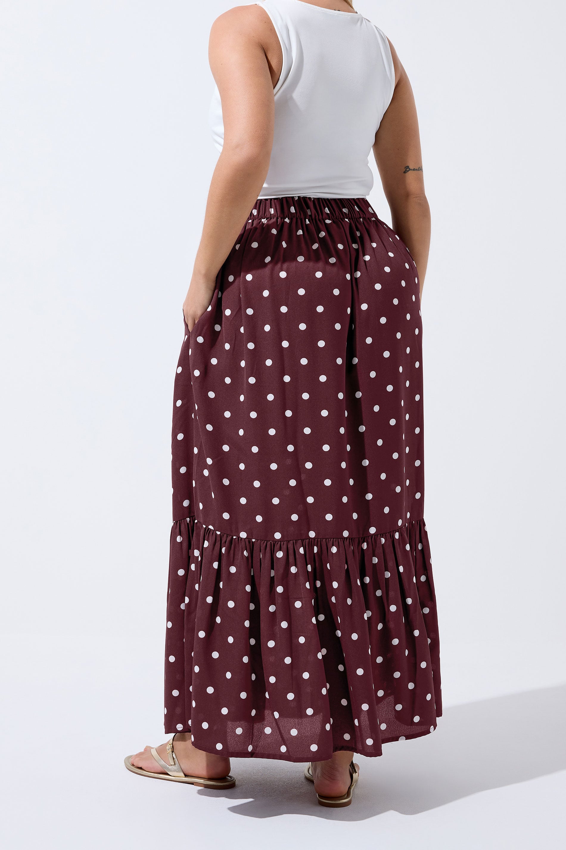 LIMITED COLLECITON Plus Size Burgundy Red Polka Dot Tiered Maxi Skirt | Yours Clothing 2