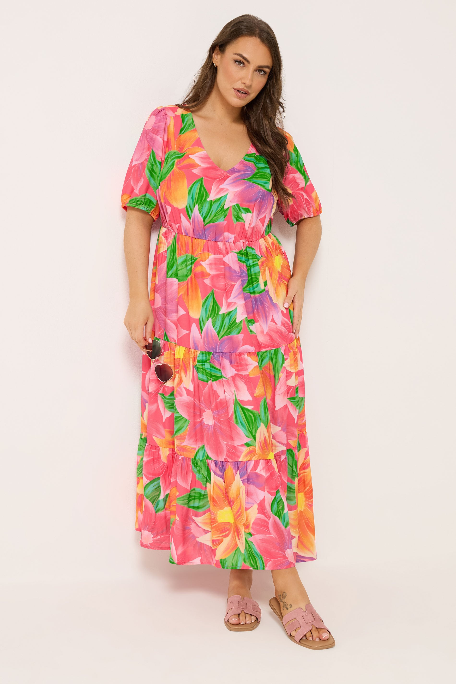YOURS Curve Pink Floral Puff Sleeve Tiered Maxi Dress | Yours Clothing 1