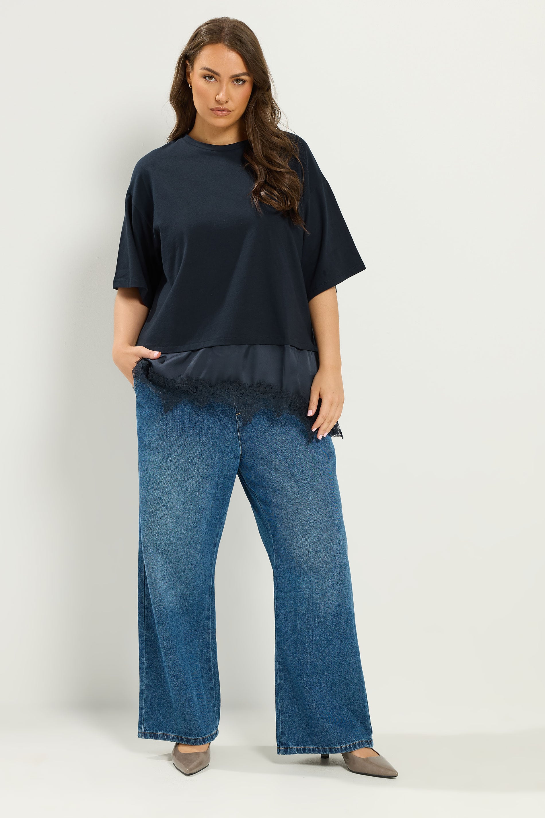 YOURS Plus Size Navy Blue Satin Lace Trim T-Shirt | Yours Clothing 1