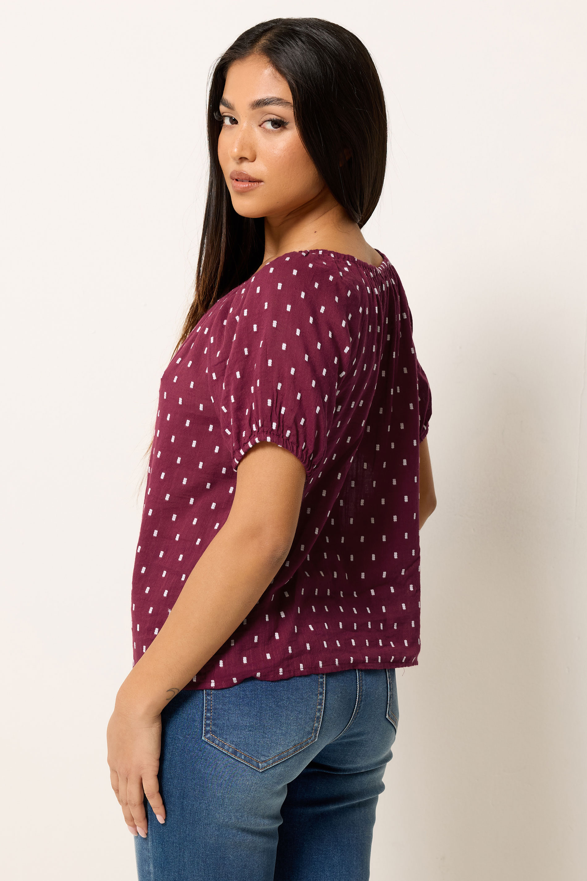 M&Co Petite Berry Purple Dobby Short Sleeve Blouse | M&Co  2