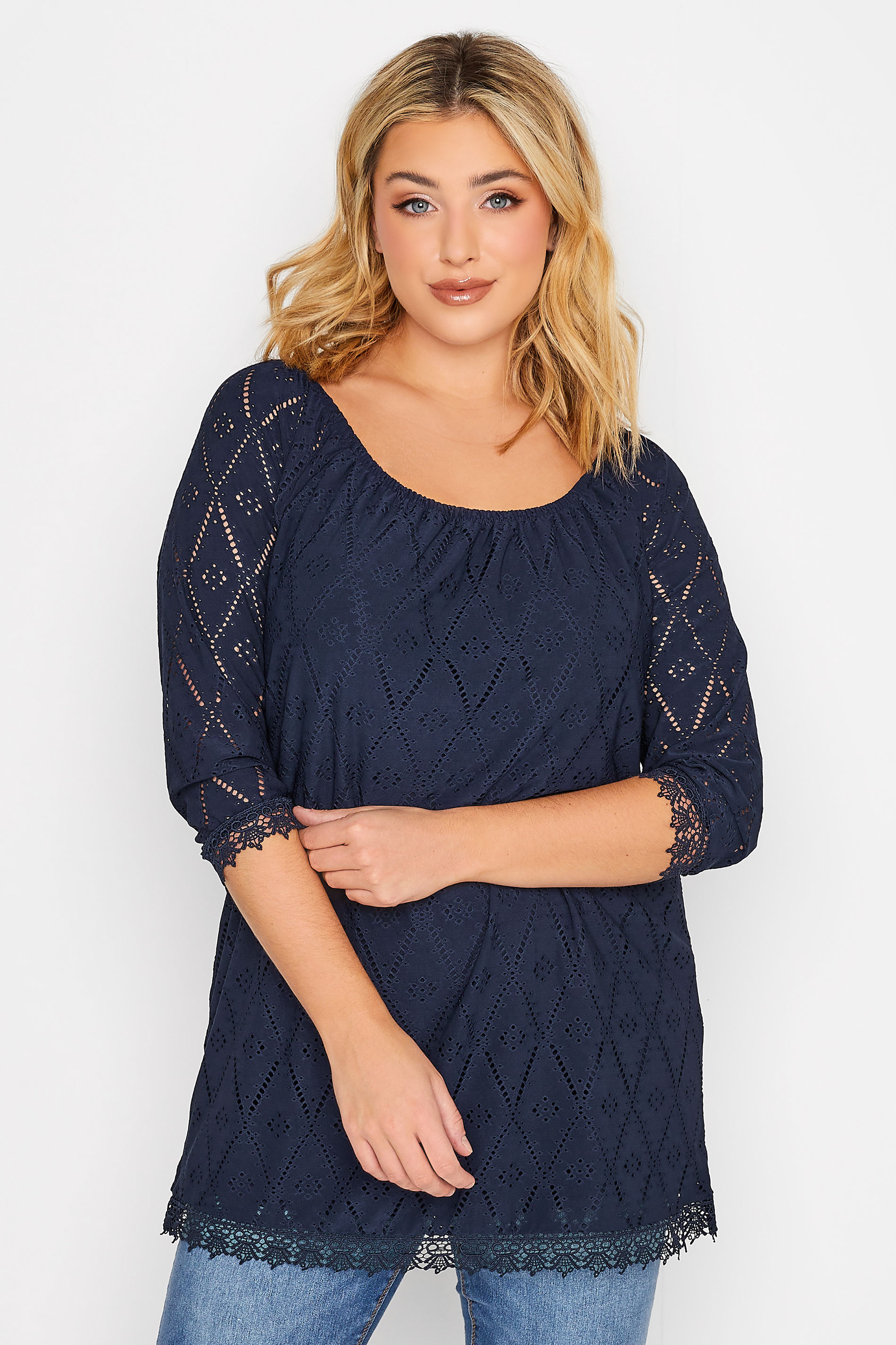 YOURS Plus Size Navy Blue Pointelle Lace Trim Top | Yours Clothing 1