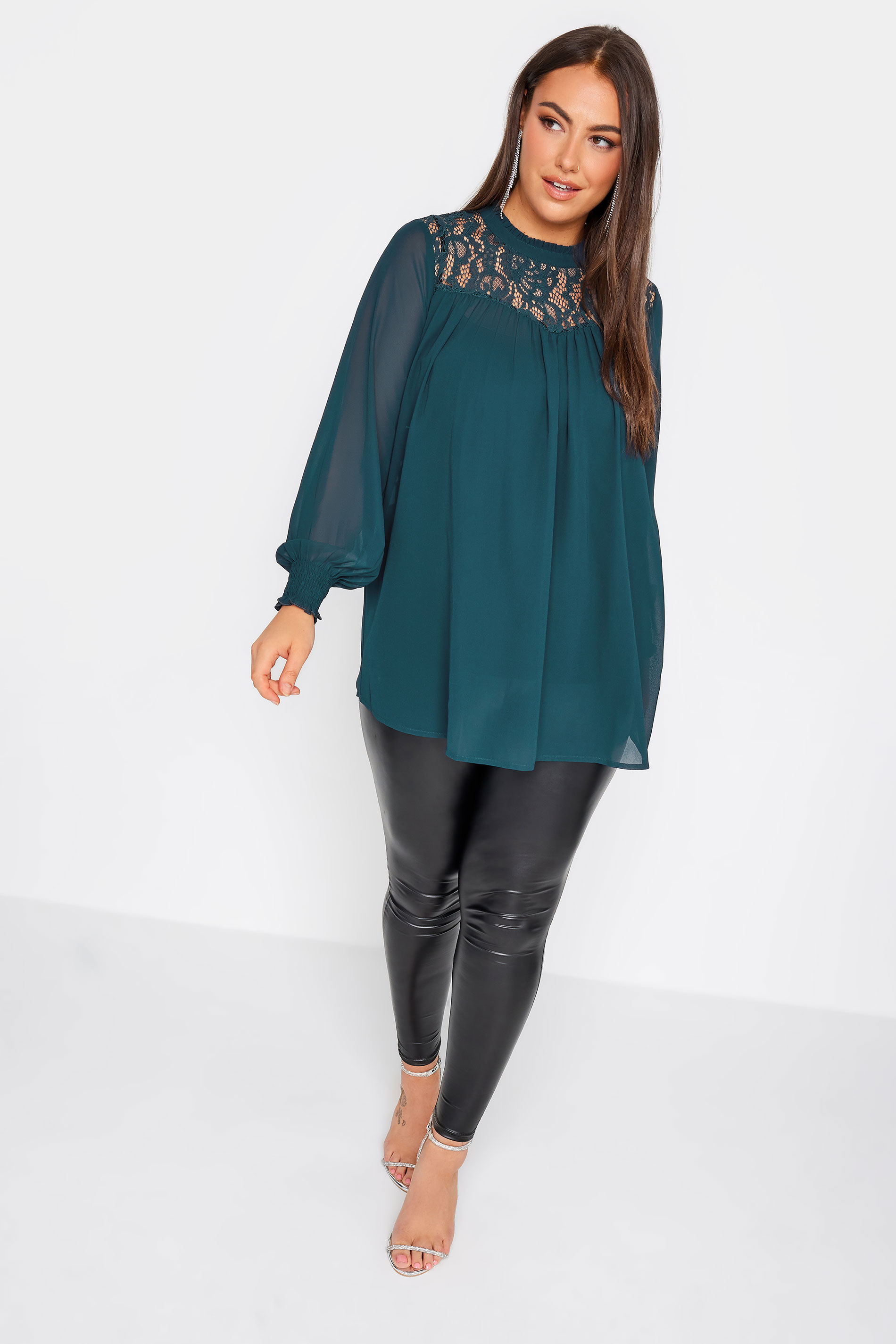 YOURS LONDON Plus Size Blue Lace Ruffle Collar Blouse | Yours Clothing 2