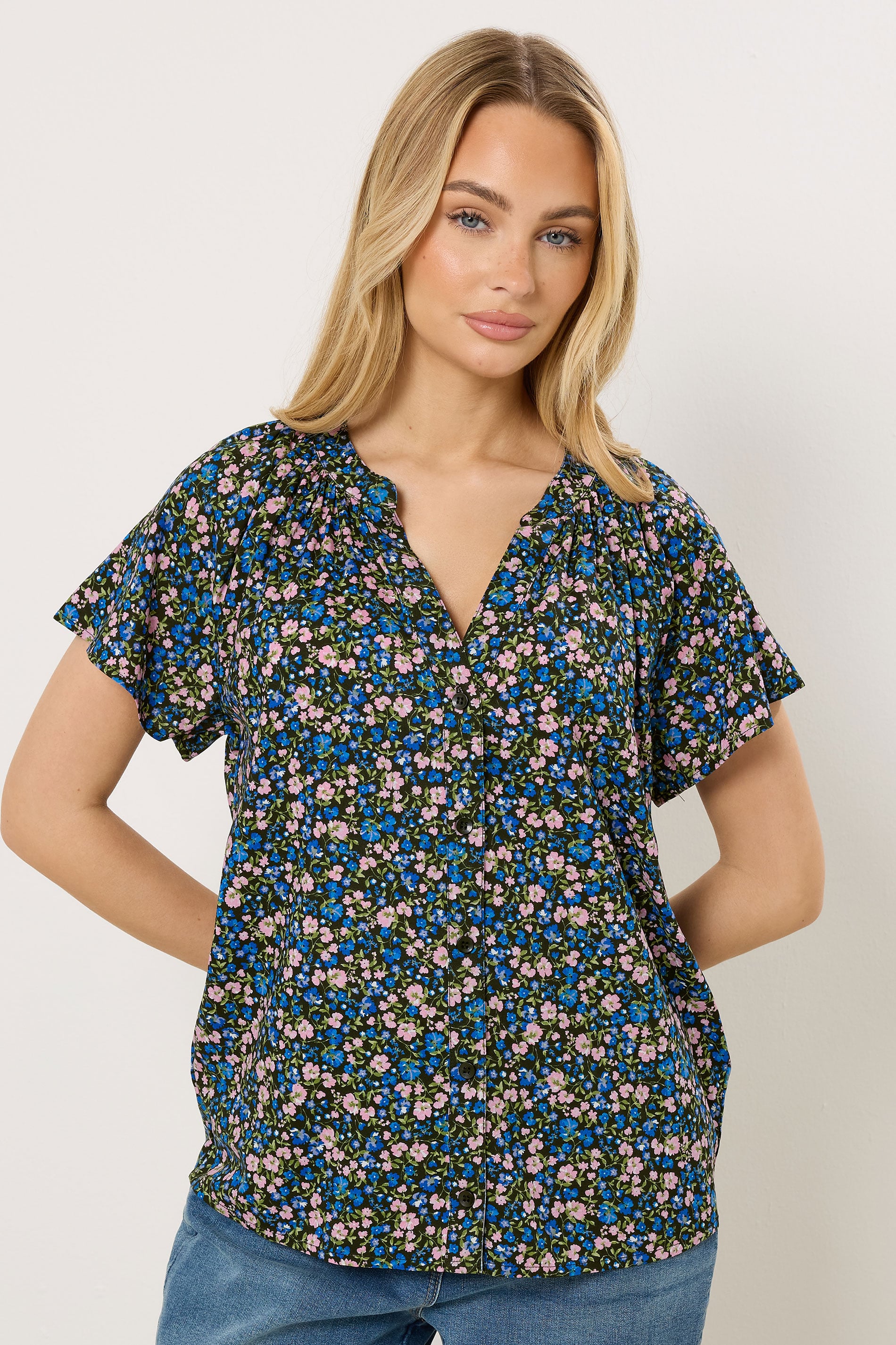 M&Co Black Ditsy Floral Button Front Blouse | M&Co 3