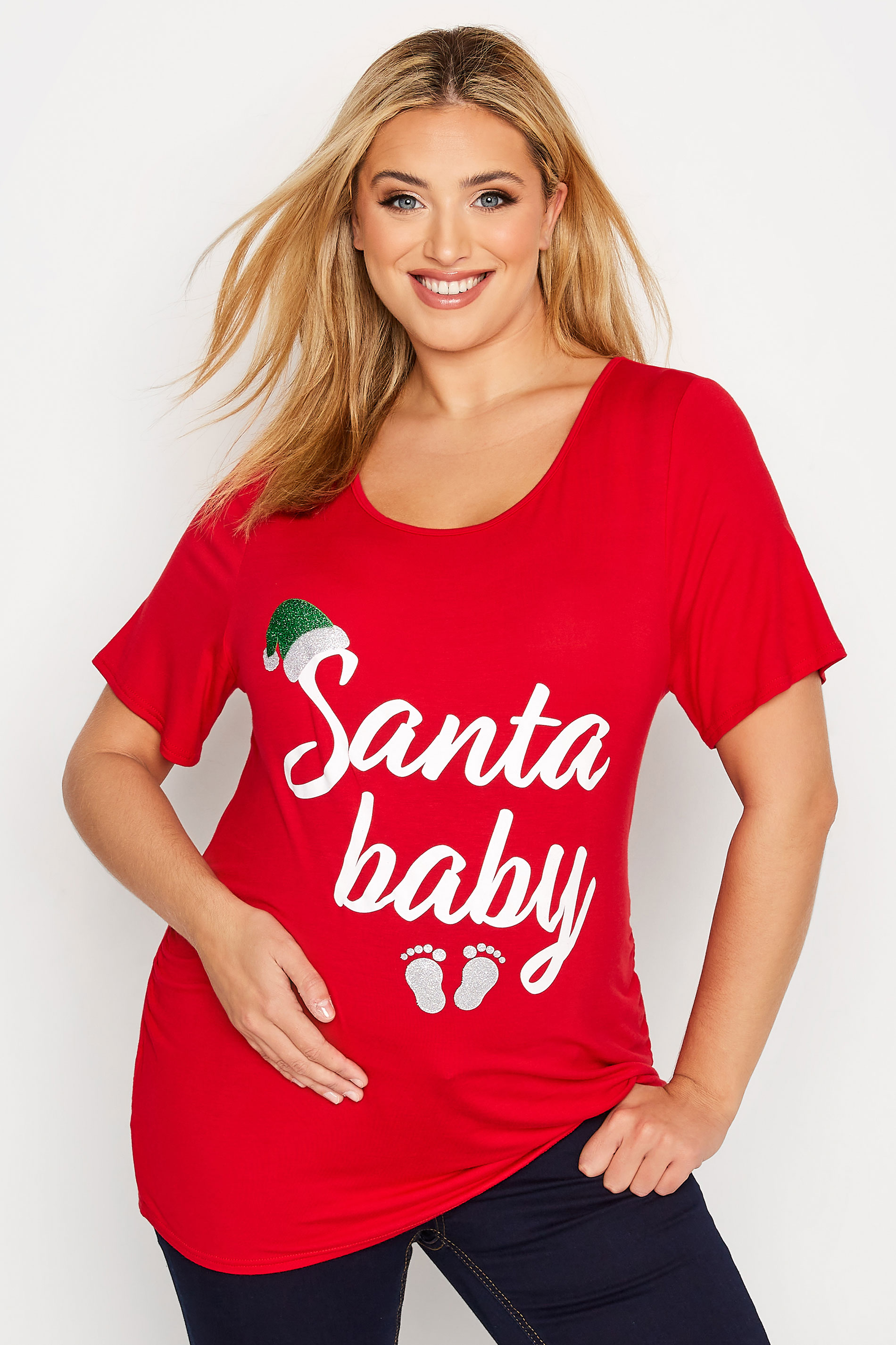 BUMP IT UP MATERNITY Plus Size Red 'Santa Baby' Christmas Top | Yours Clothing 1