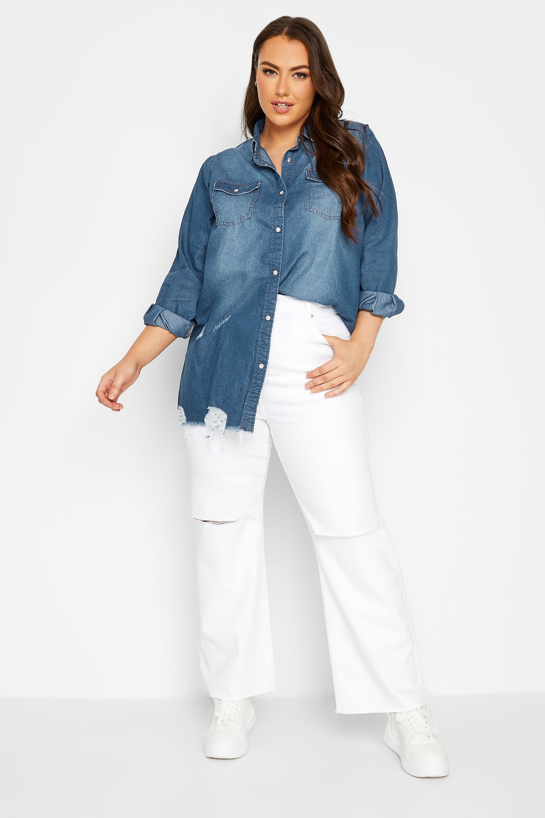 Plus Size Blue Distressed Denim Shirt | Yours Clothing  2