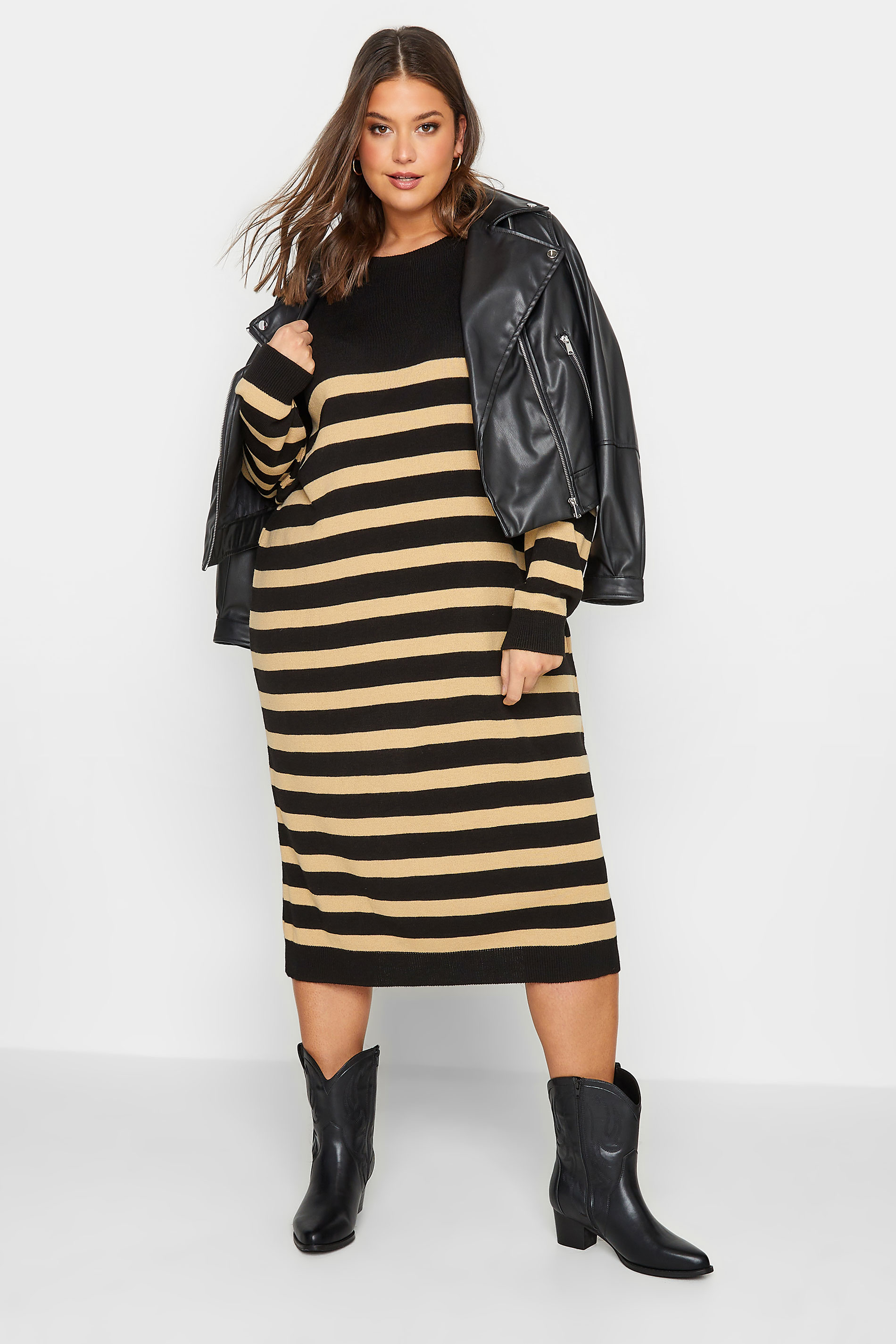 Plus Size Black & Beige Brown Stripe Jumper Dress | Yours Clothing 2