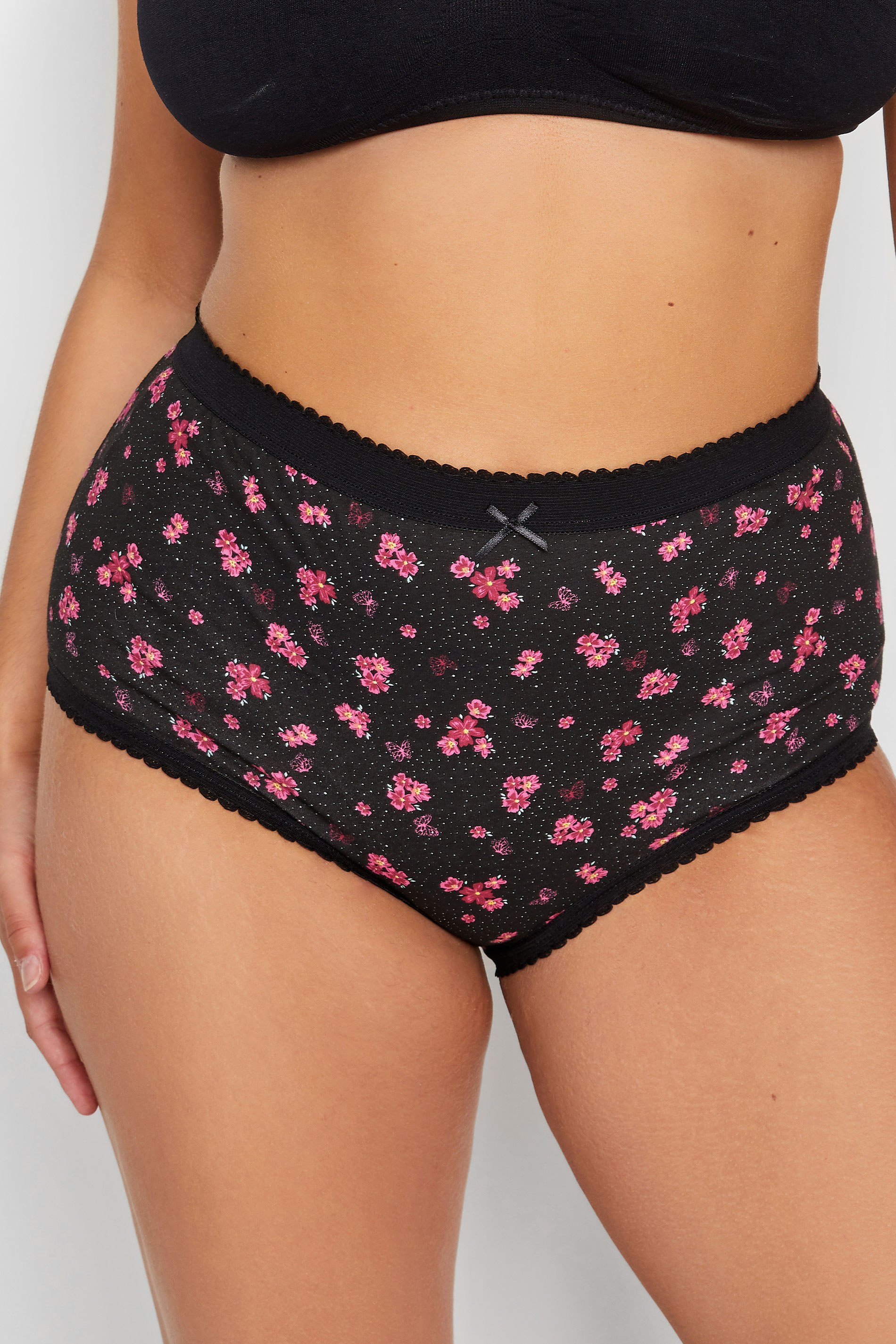 Plus Size 5 PACK Pink & Black Ditsy Floral Print Full Briefs | Yours Clothing 2