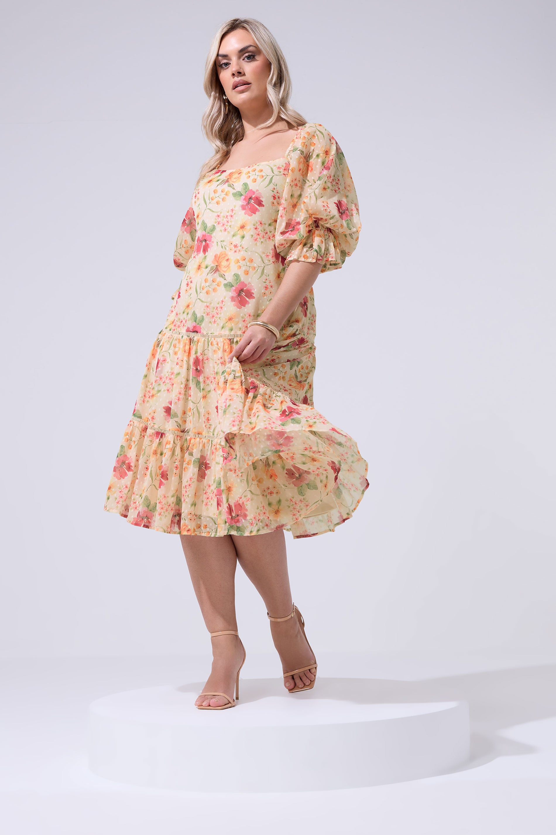 YOURS LONDON Plus Size Nude Floral Midi Dress | Yours Clothing 3