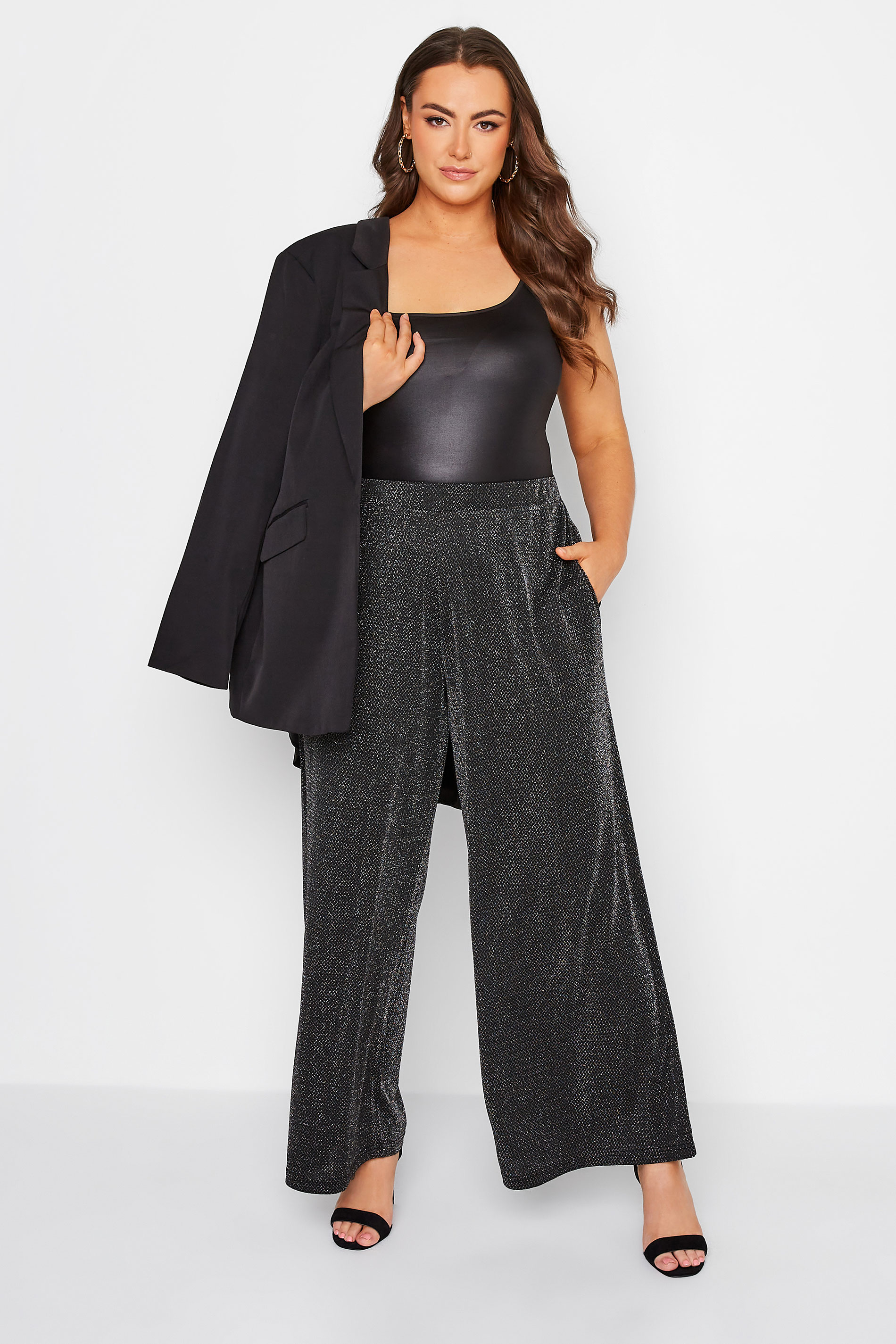 Plus Size Black Glitter Wide Leg Trousers | Yours Clothing 3