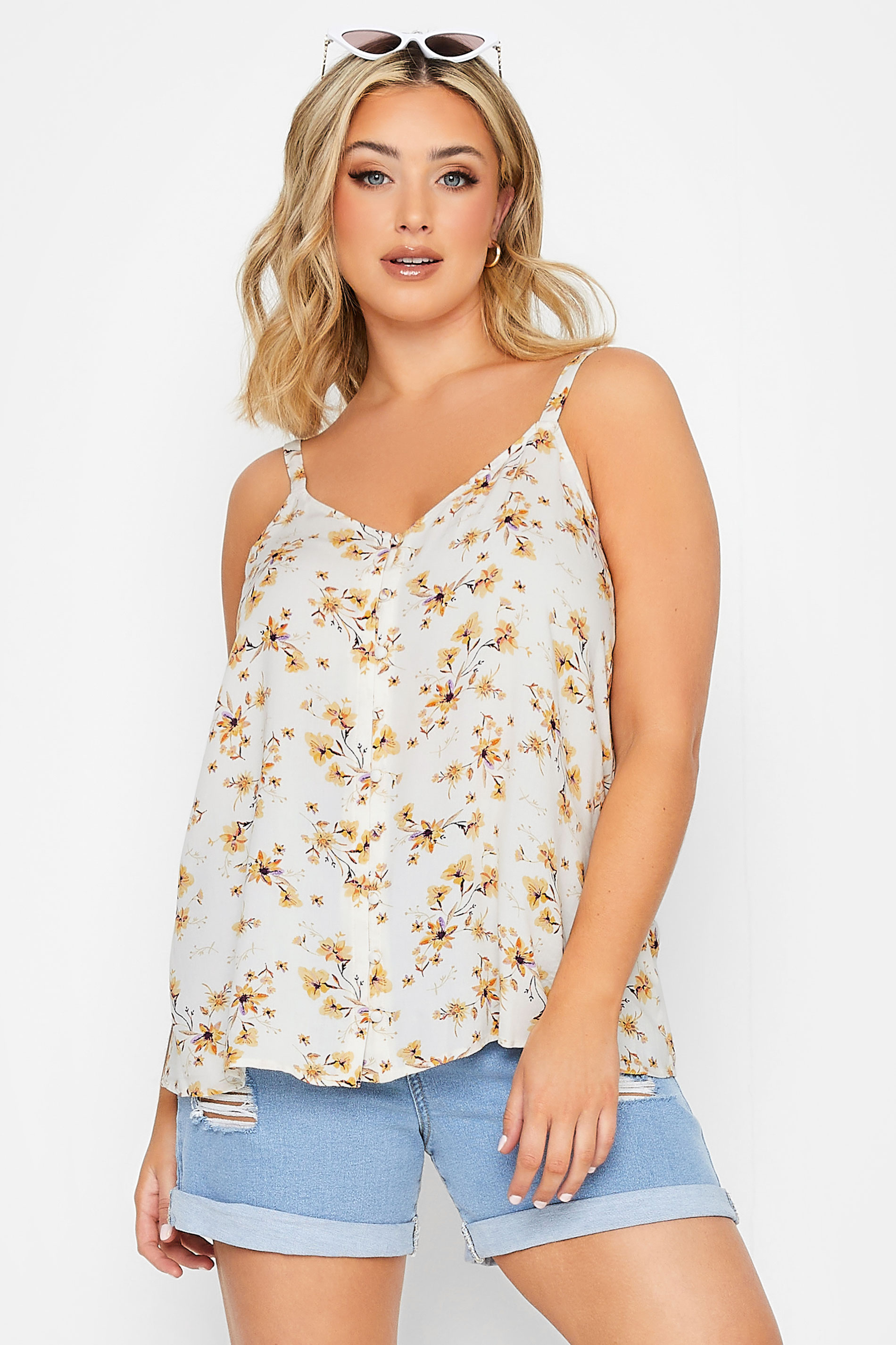 YOURS Plus Size White Floral Button Cami Vest Top | Yours Clothing 1