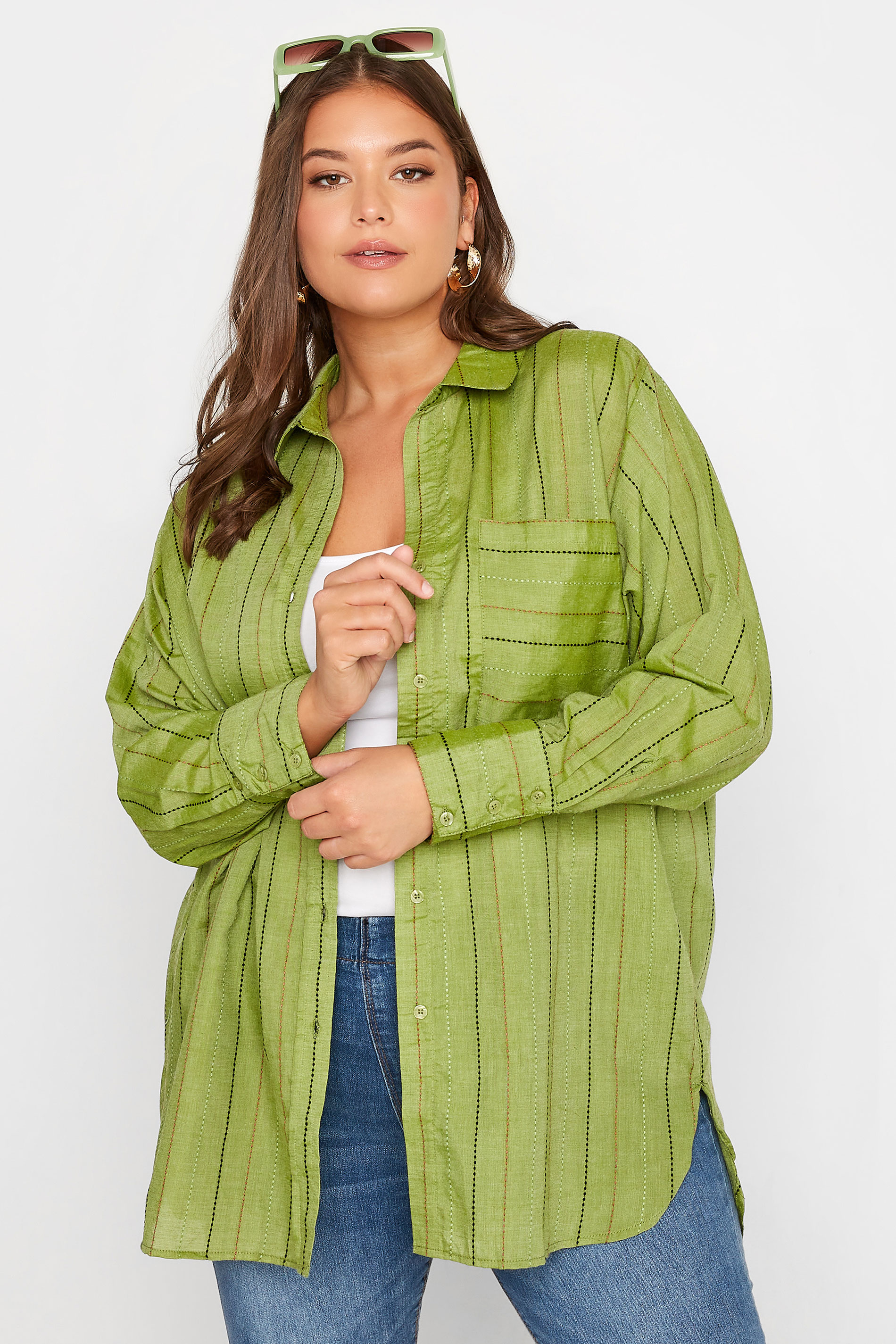 Plus Size Green Stripe Pocket Oversized Shirt | Yours Clothing 1