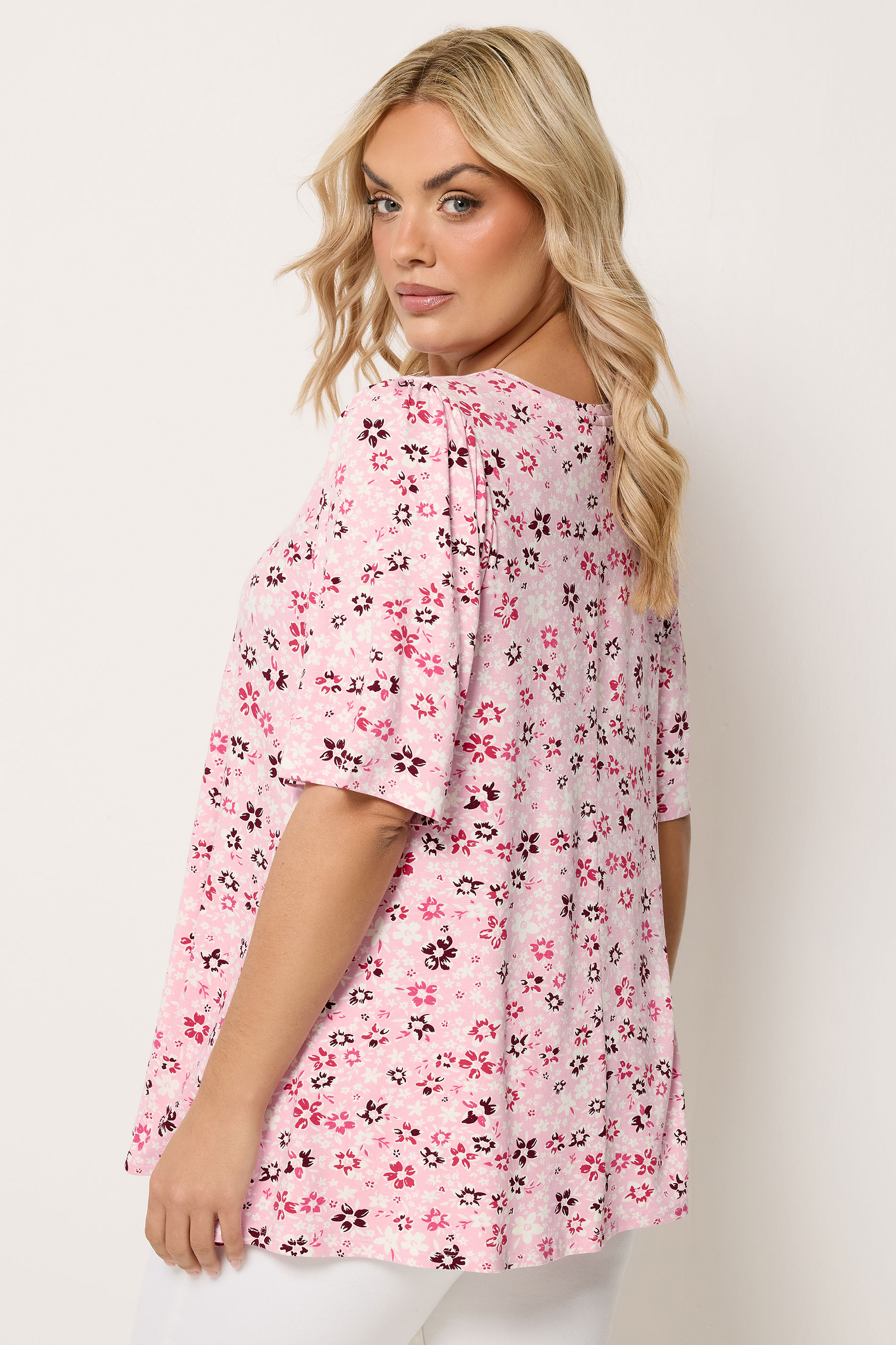 YOURS Plus Size Pink Floral Pleat Angel Sleeve Swing Top | Yours Clothing 2