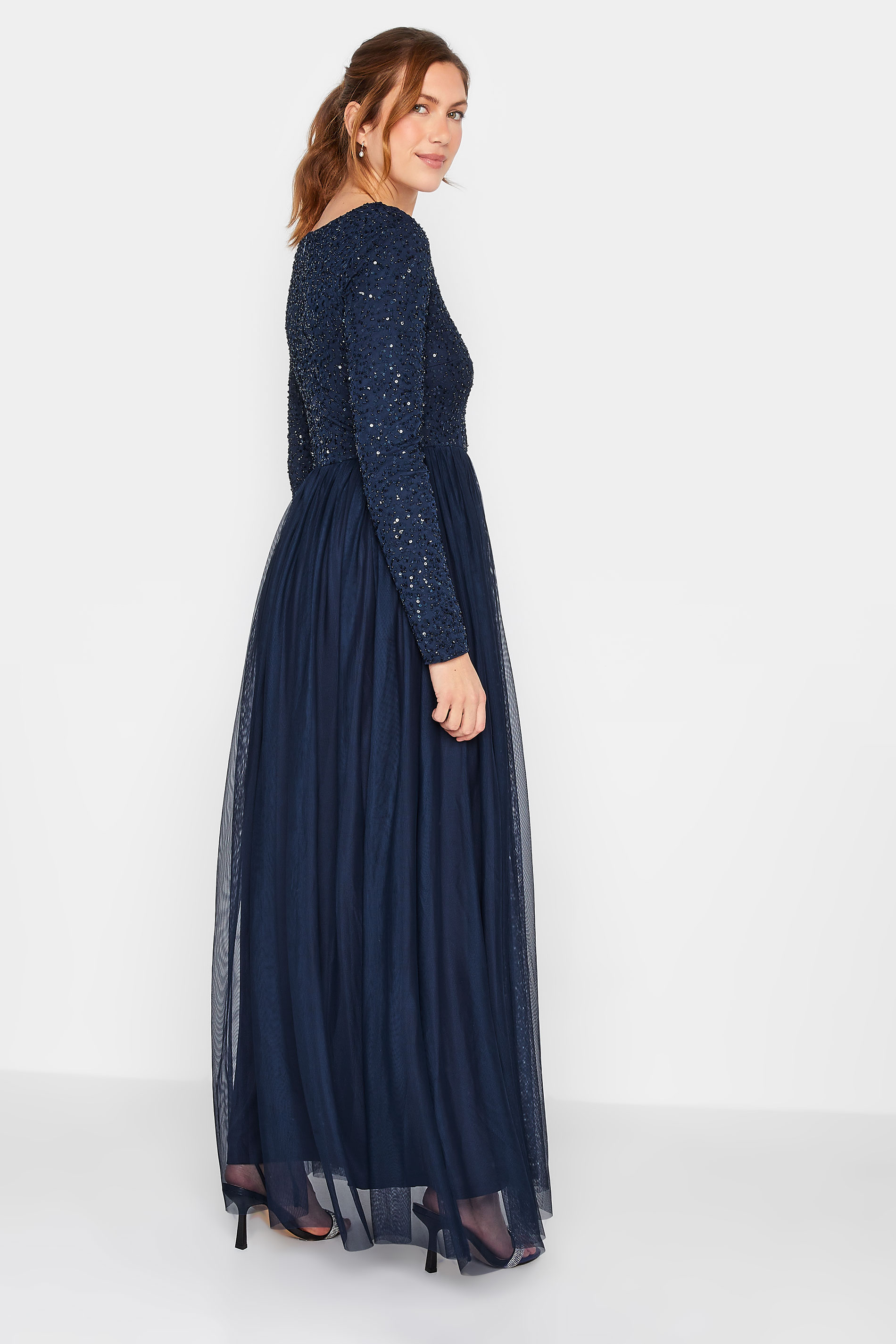 LTS Tall Women's Navy Blue Long Sleeve Sequin Hand Embellished Maxi Dress | Long Tall Sally 3