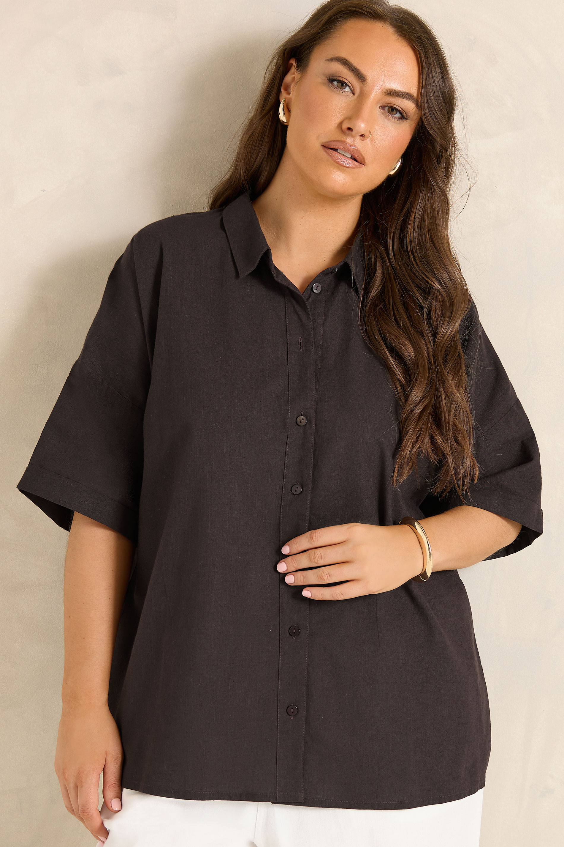 EVANS Plus Size Brown Cotton Boxy Collard Shirt | Evans  3