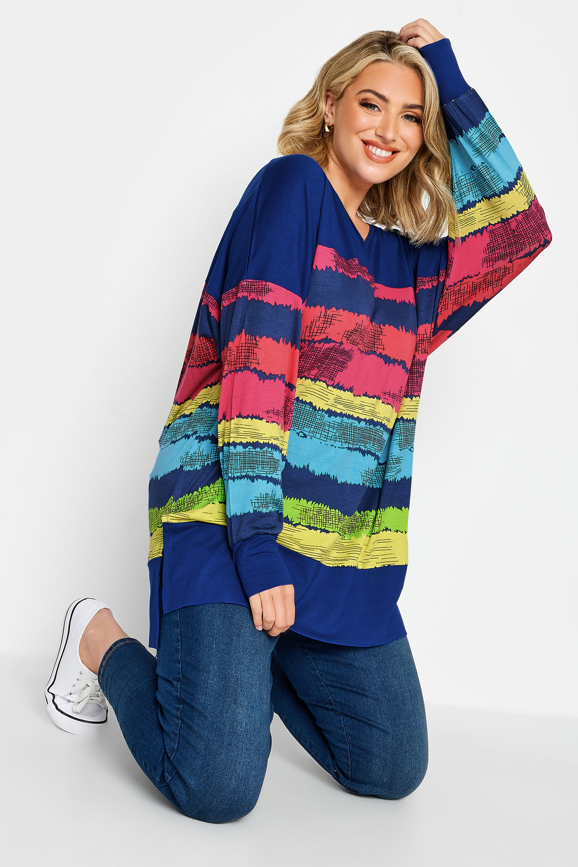 YOURS Plus Size Navy Blue Stripe Print Top | Yours Clothing 1