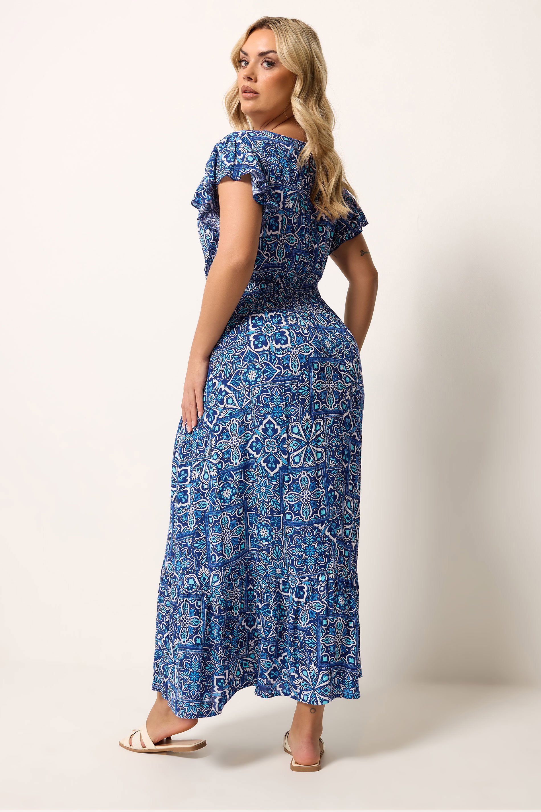 YOURS Plus Size Blue Tile Print Maxi Dress | Yours Clothing 2