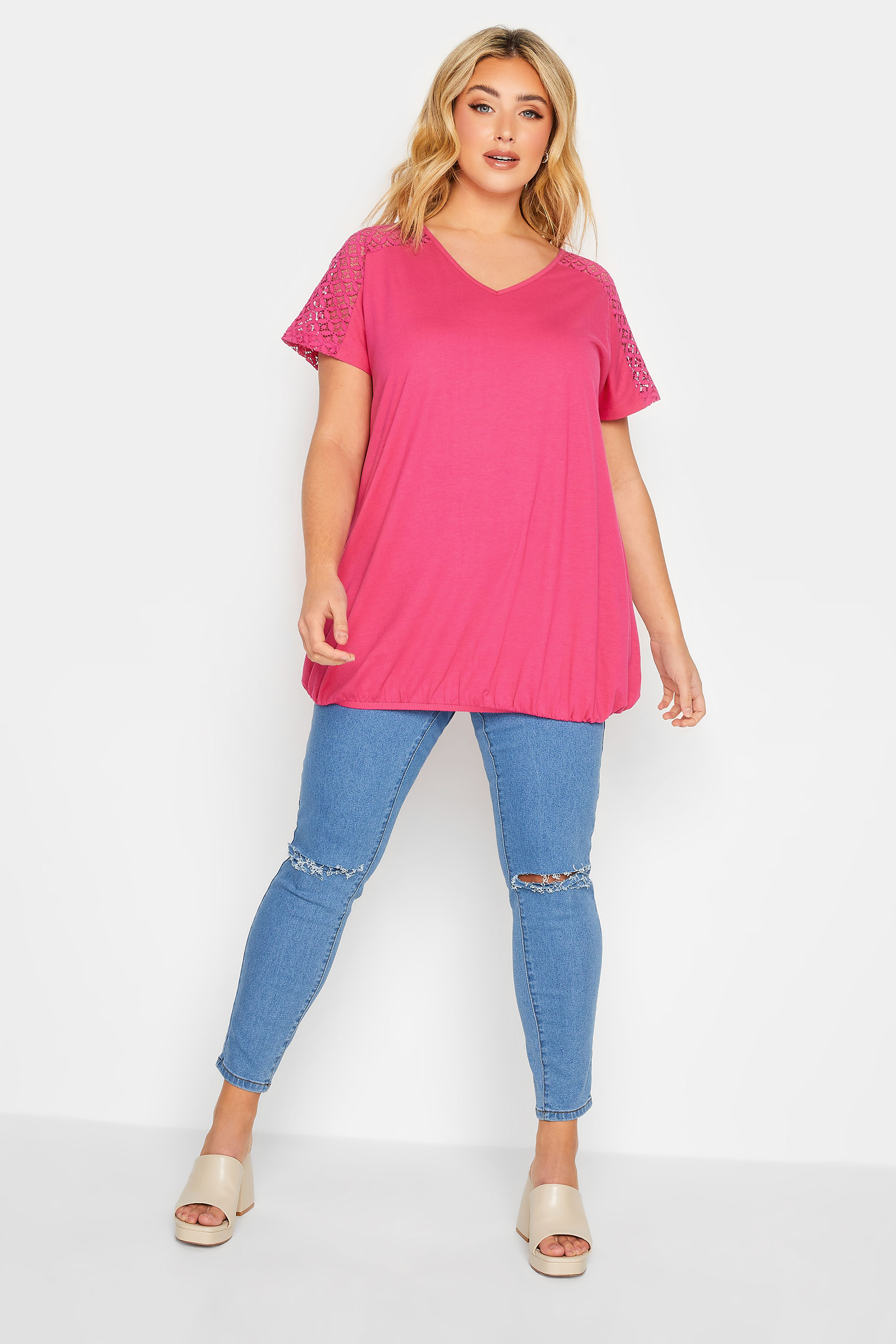 YOURS Plus Size Pink Lace Sleeve Bubble Hem T-Shirt | Yours Clothing 2