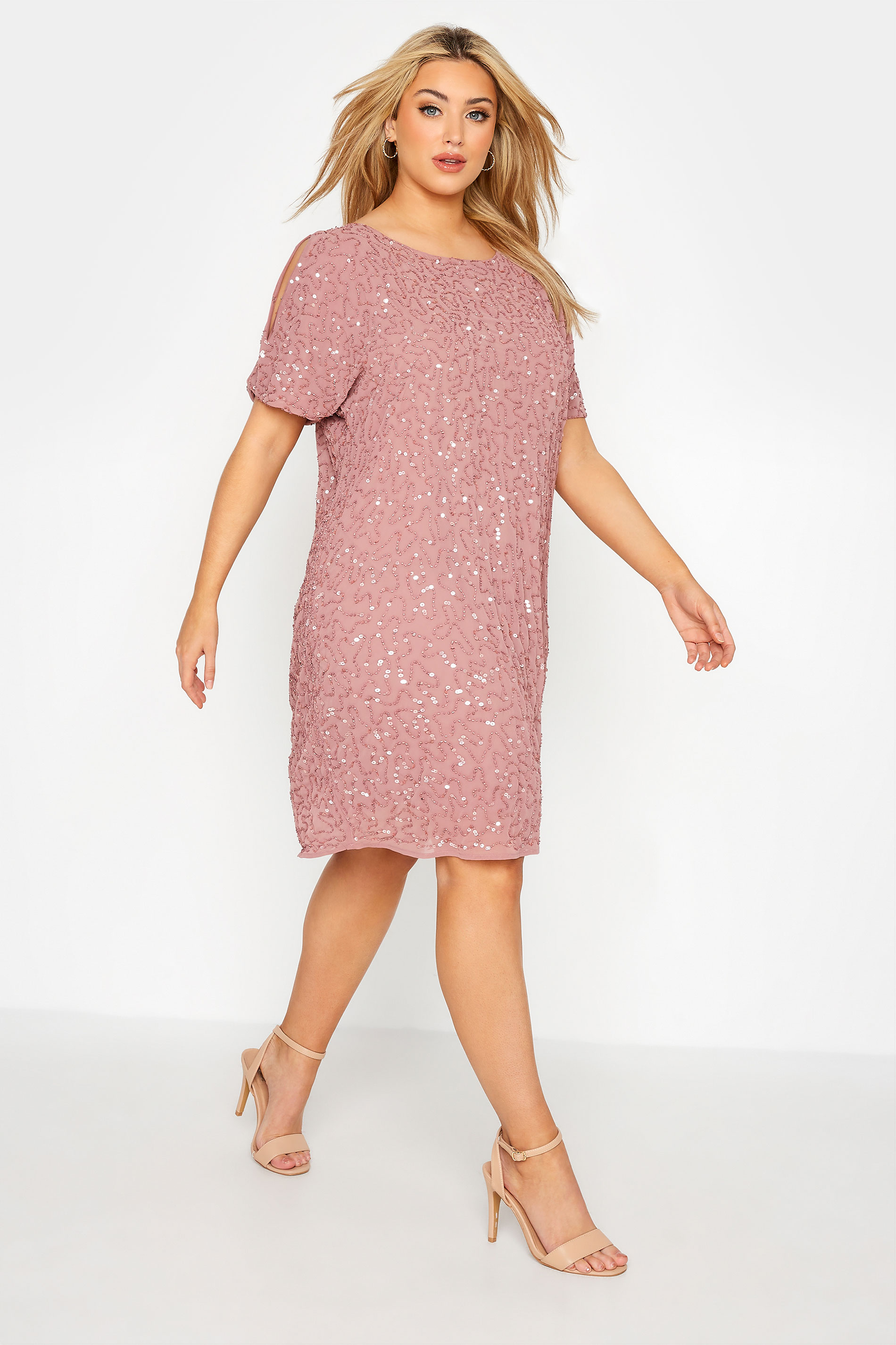 LUXE Plus Size Light Pink Sequin Hand Embellished Cape Dress | Yours Clothing 1