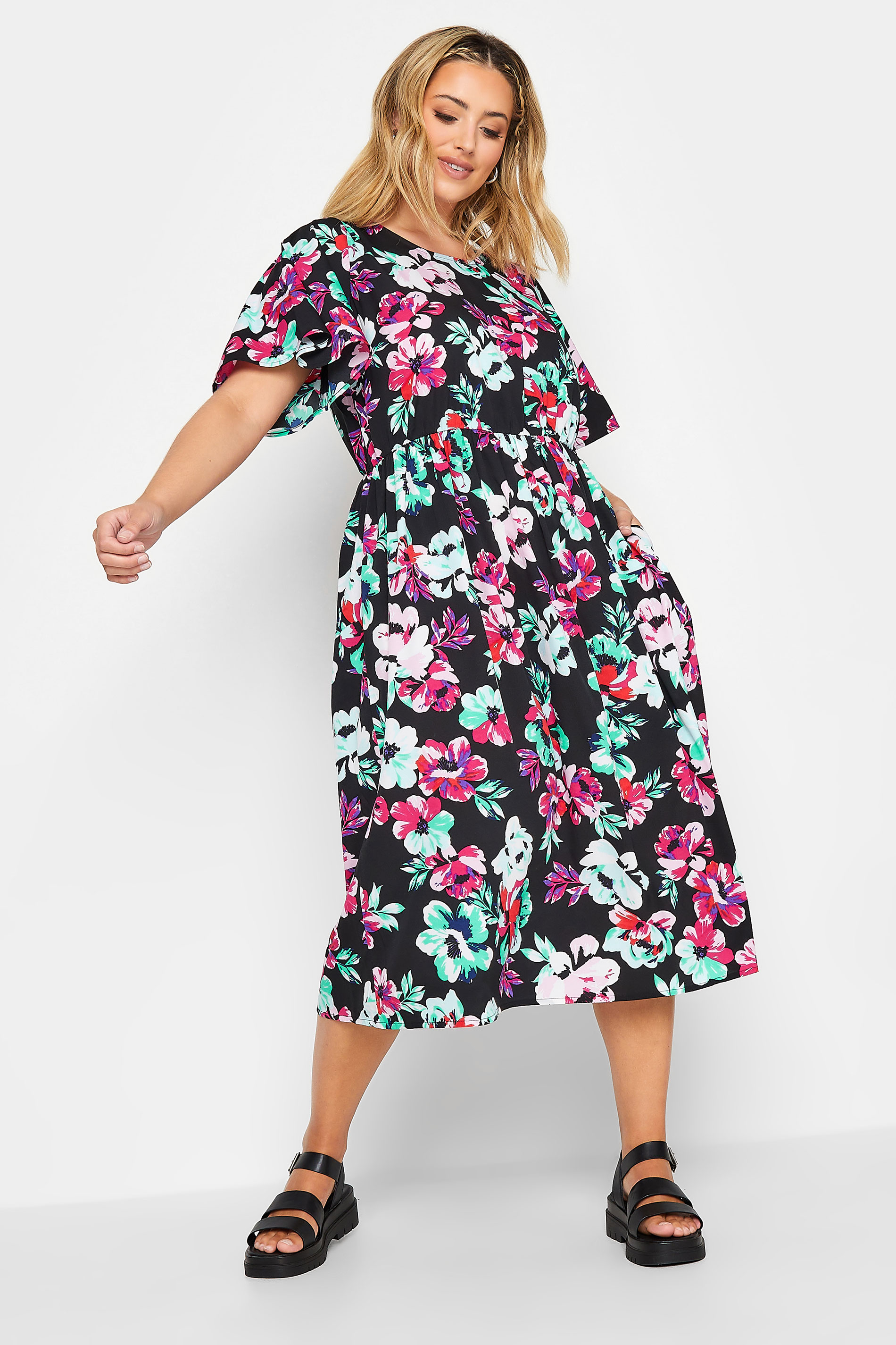 YOURS Plus Size Black Floral Print Midi Tea Dress | Yours Clothing 2