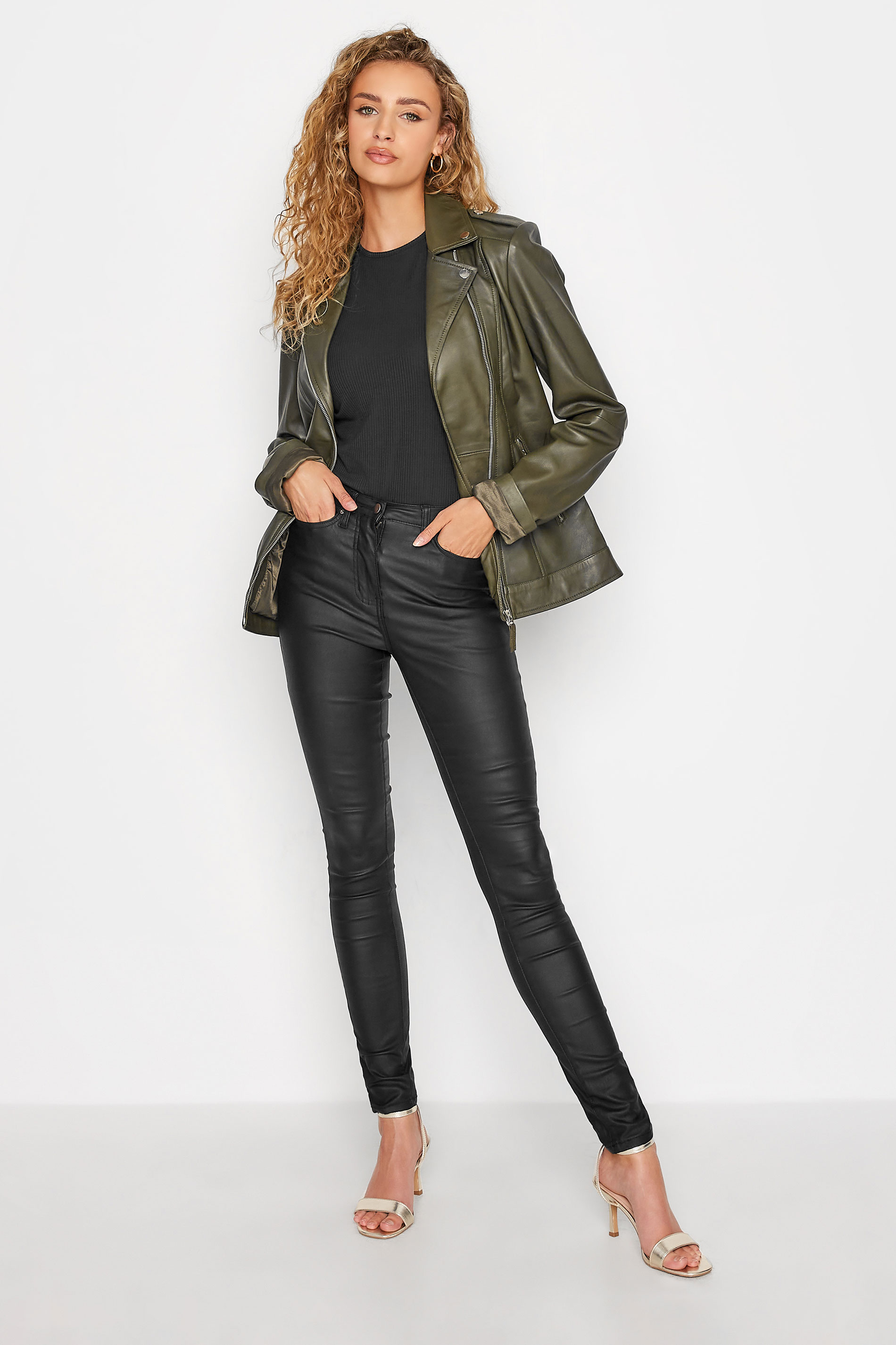 LTS Tall Women's Khaki Green Leather Biker Jacket | Long Tall Sally