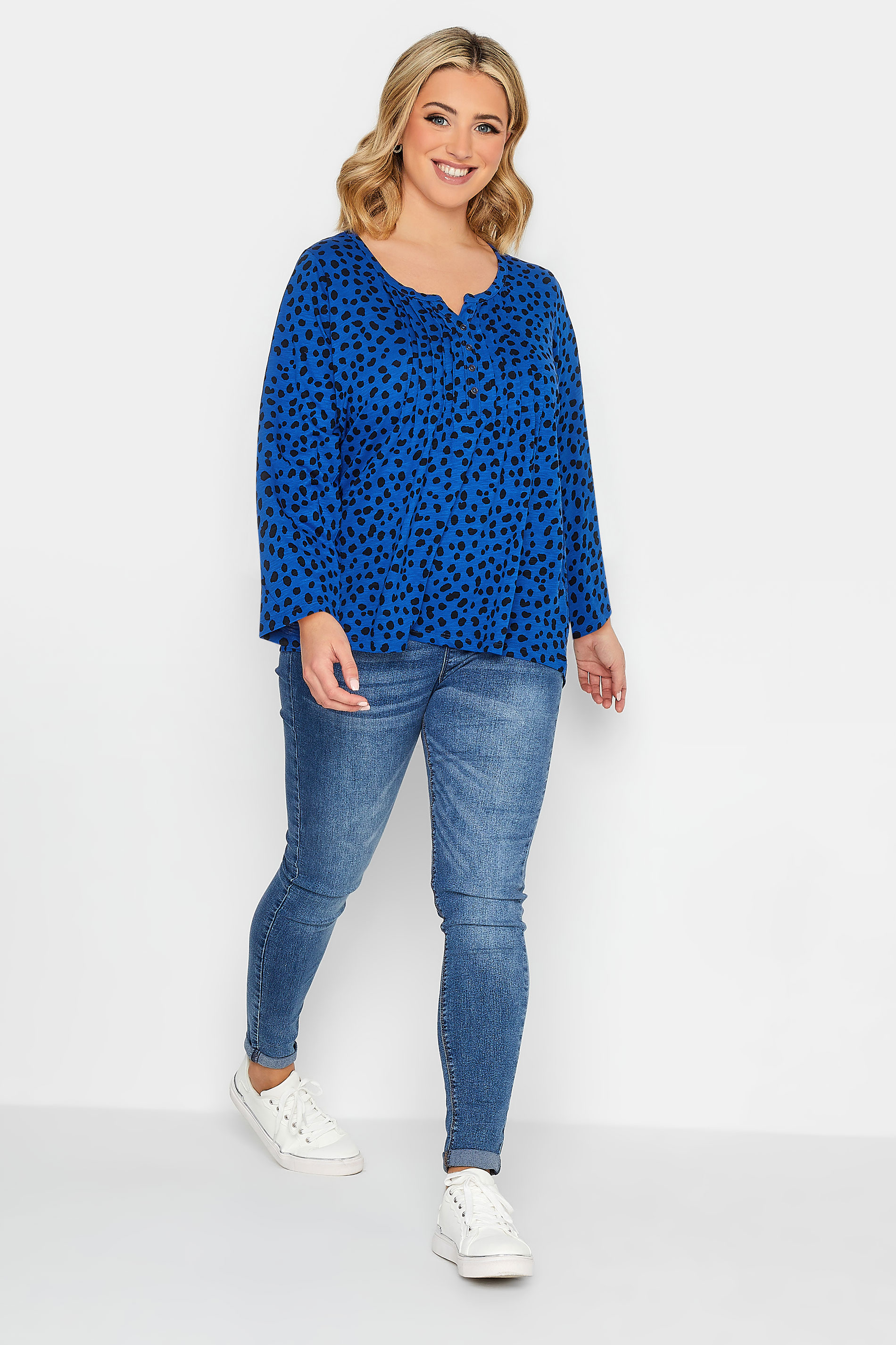 YOURS PETITE Plus Size Cobalt Blue Animal Print Cotton Henley T-Shirt | Yours Clothing 2
