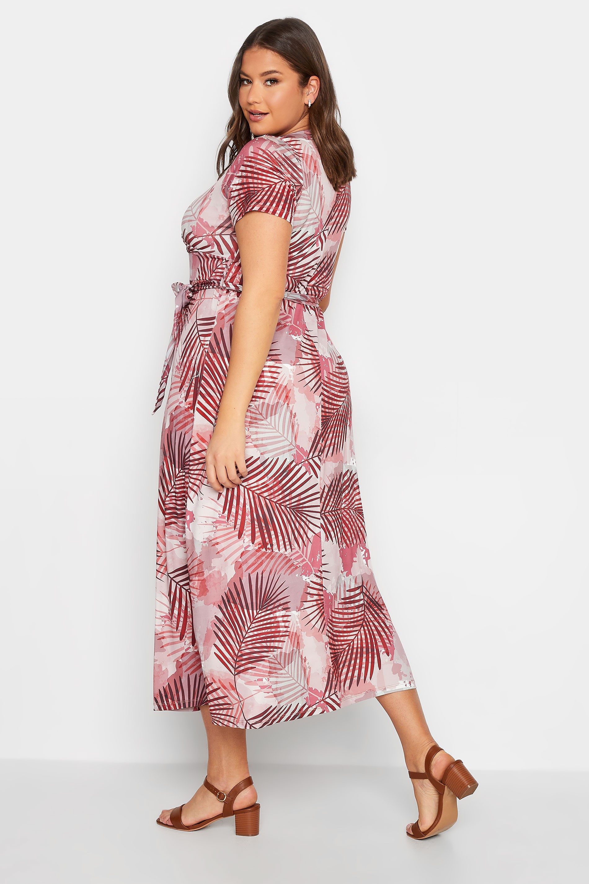 YOURS Plus Size Pink Leaf Print Wrap Maxi Dress | Yours Clothing 3