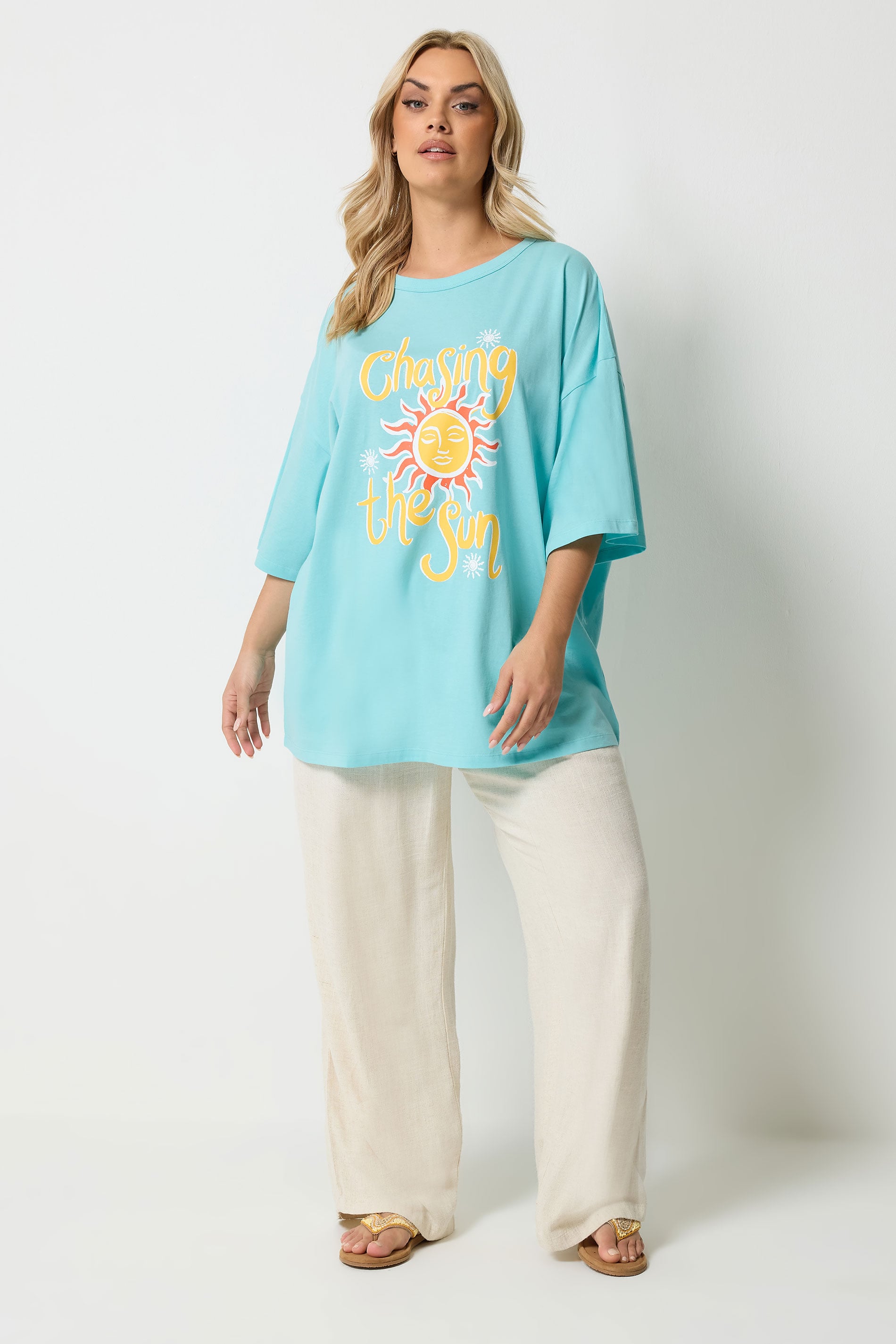 YOURS Plus Size Blue 'Chasing The Sun' Graphic T-Shirt | Yours Clothing 1